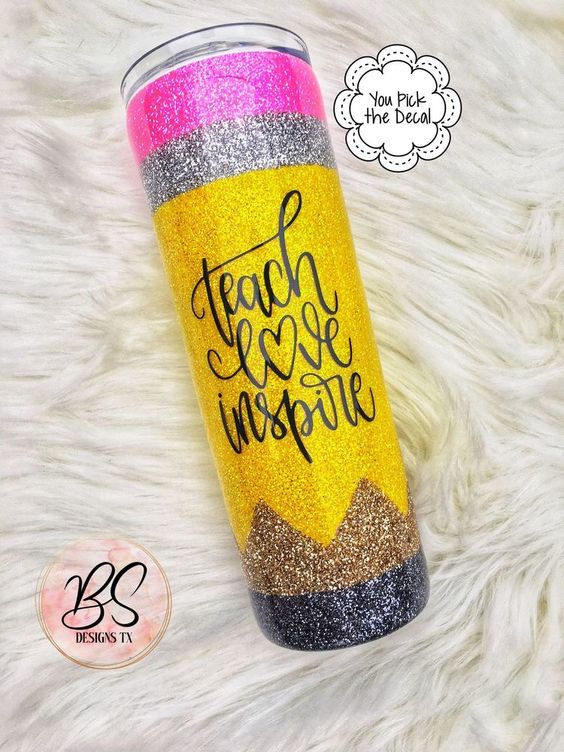 Teach Love Inspire Pencil Teacher Glitter Tumbler