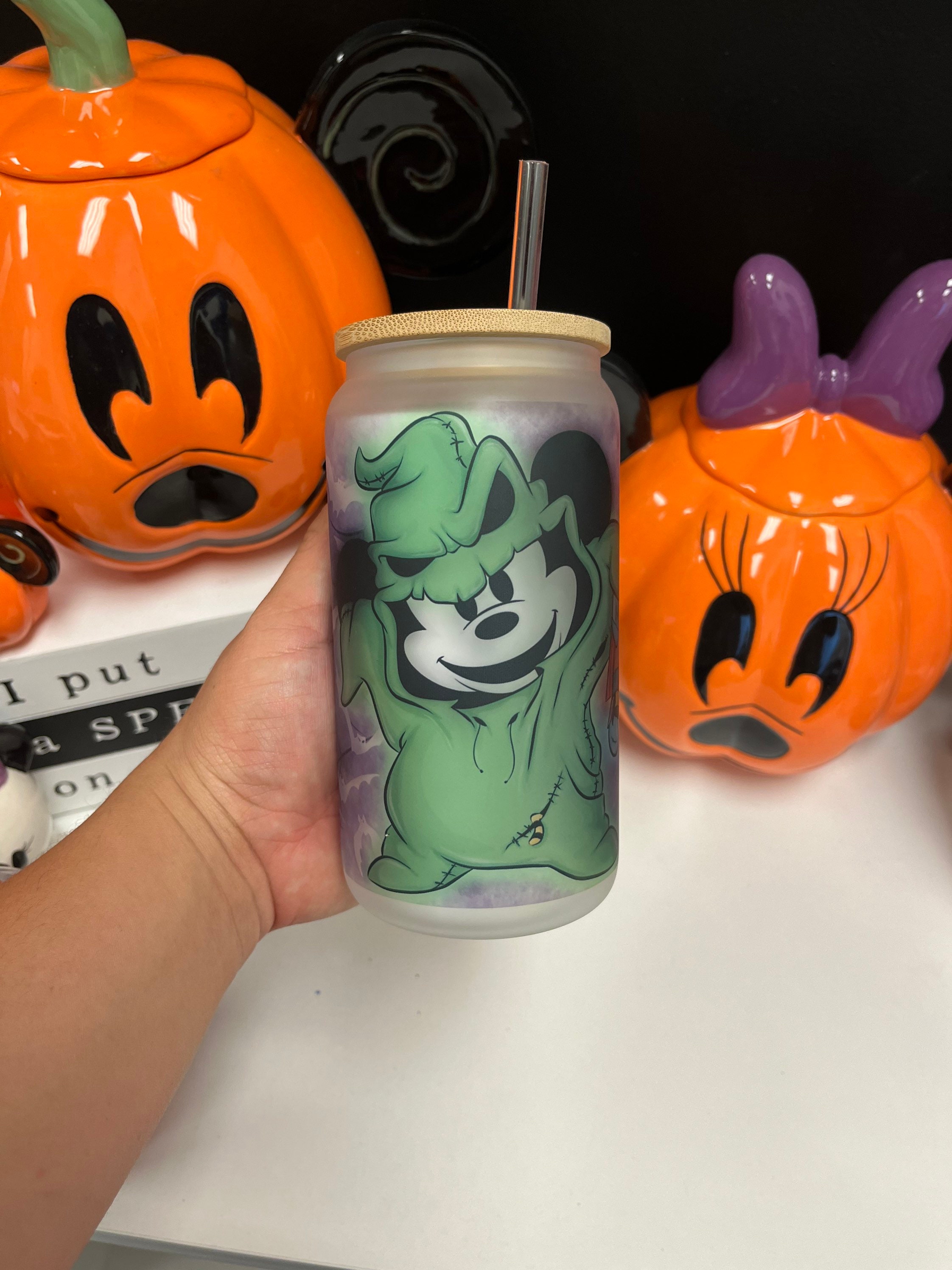 Mickey Oogie Boogie frosted glass can, glass can, custom glass cans, Disney Halloween glass can