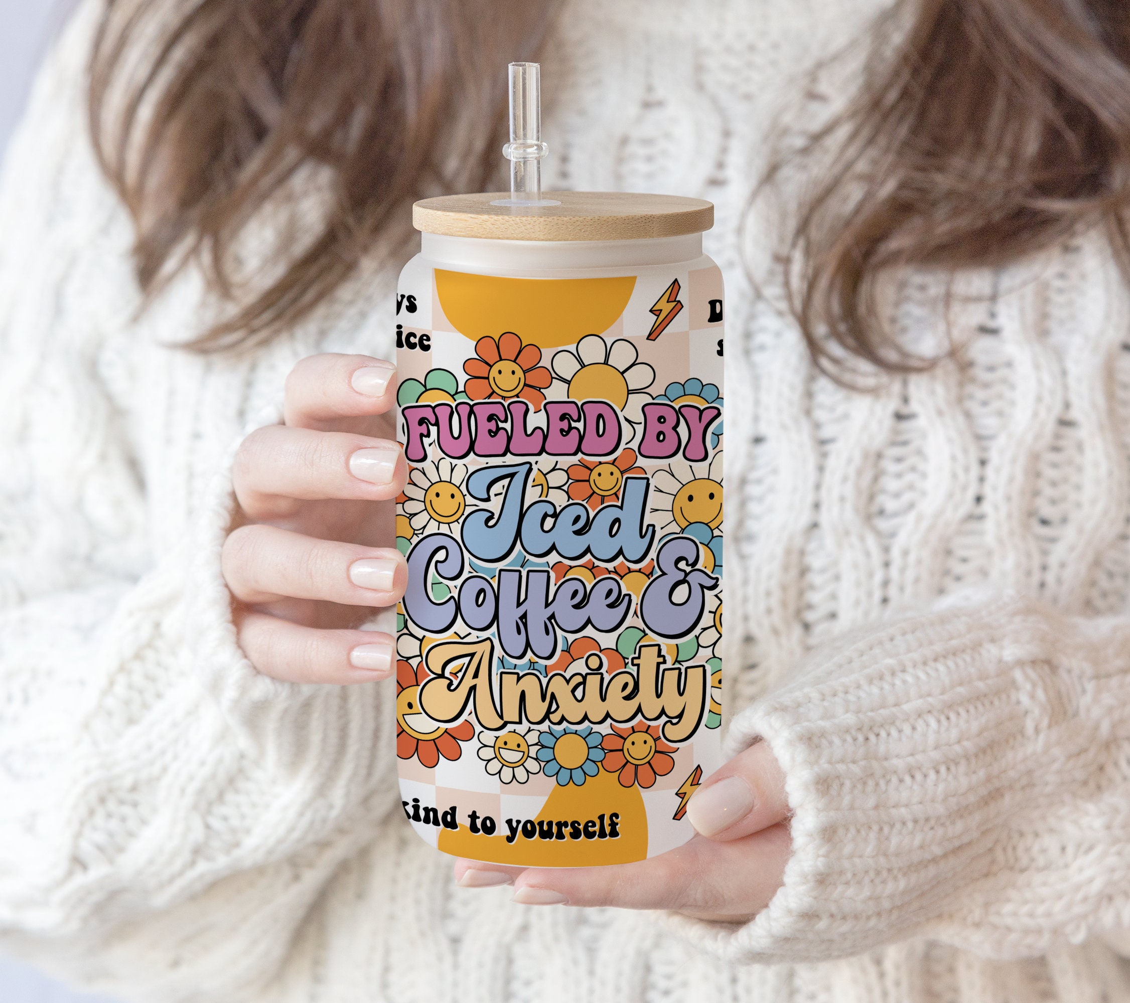 16 oz Libbey Glass Can Tumbler Sublimation Retro Smiley happy Groovy Fueled by Iced Coffee and Anxiety, Groovy Checkered Floral Affirmations