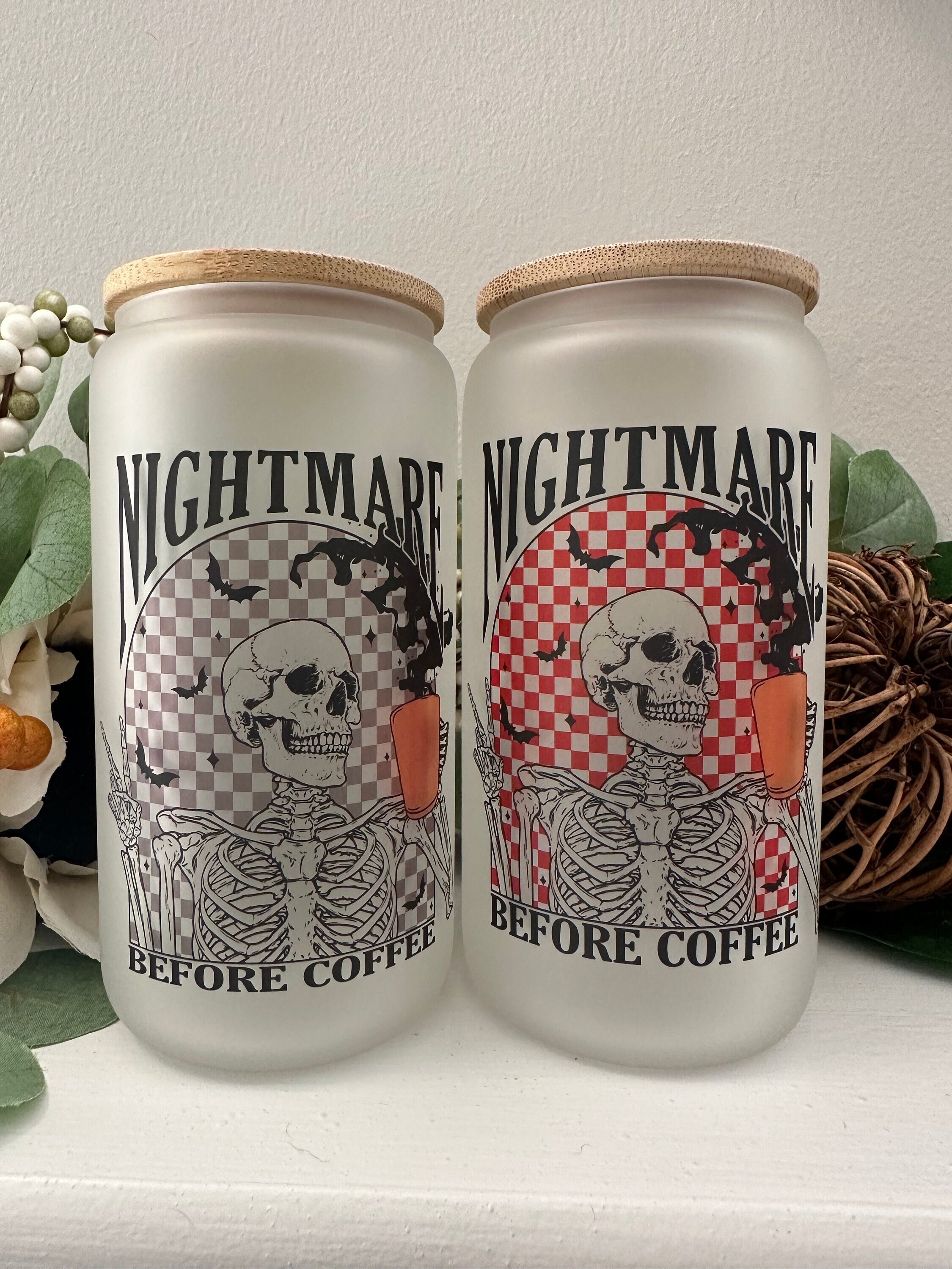 Nightmare Before Coffee Glass Cup, Nightmare Before Coffee Tumbler, Iced Coffee Glass, Iced Coffee Cup, Glass Coffee Cup, Skeleton Glass Cup