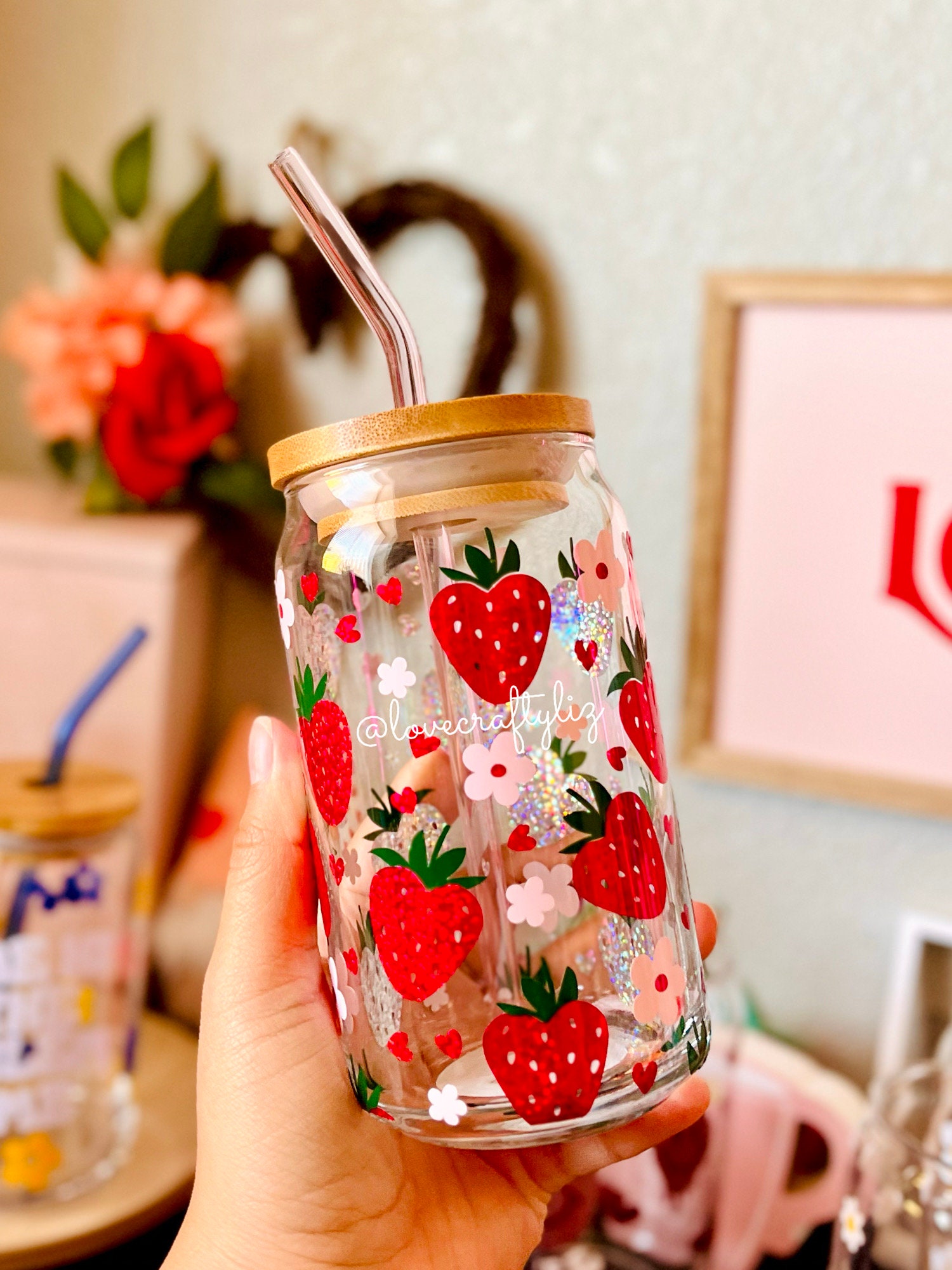 Strawberry Daisies Hearts 16 oz Beer Can Glass | Valentines Day | Vday Cup | Self Love | Iced Coffee | Smoothie Glass | xoxo Boho | Floral