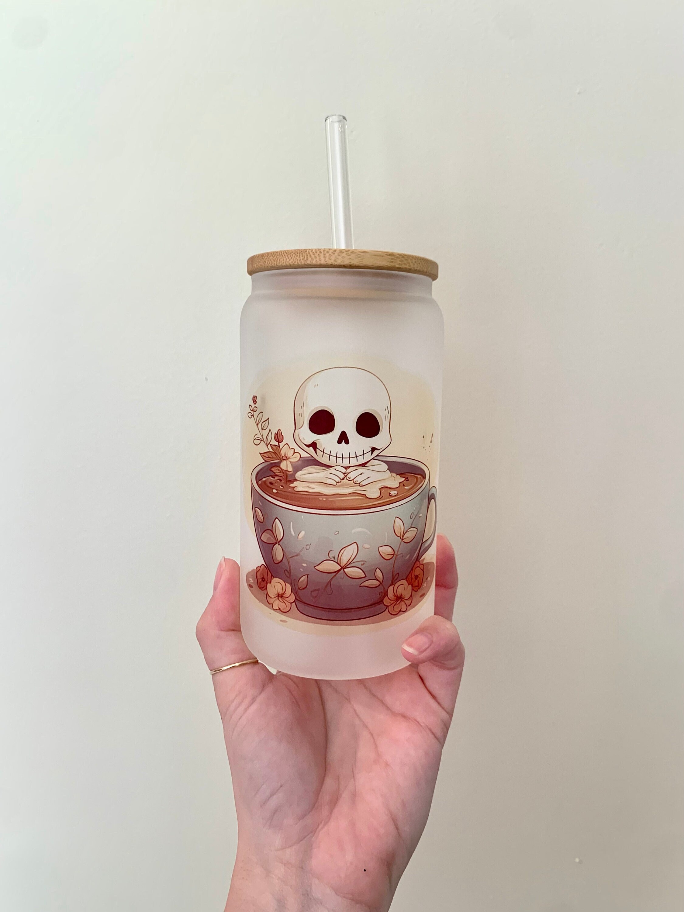 Skeleton Latte Beer Can Glass / Custom Iced Coffee Cup / Halloween Gift / Skeleton in Coffe Cup / Gift for Her / Cute Gothic Skull