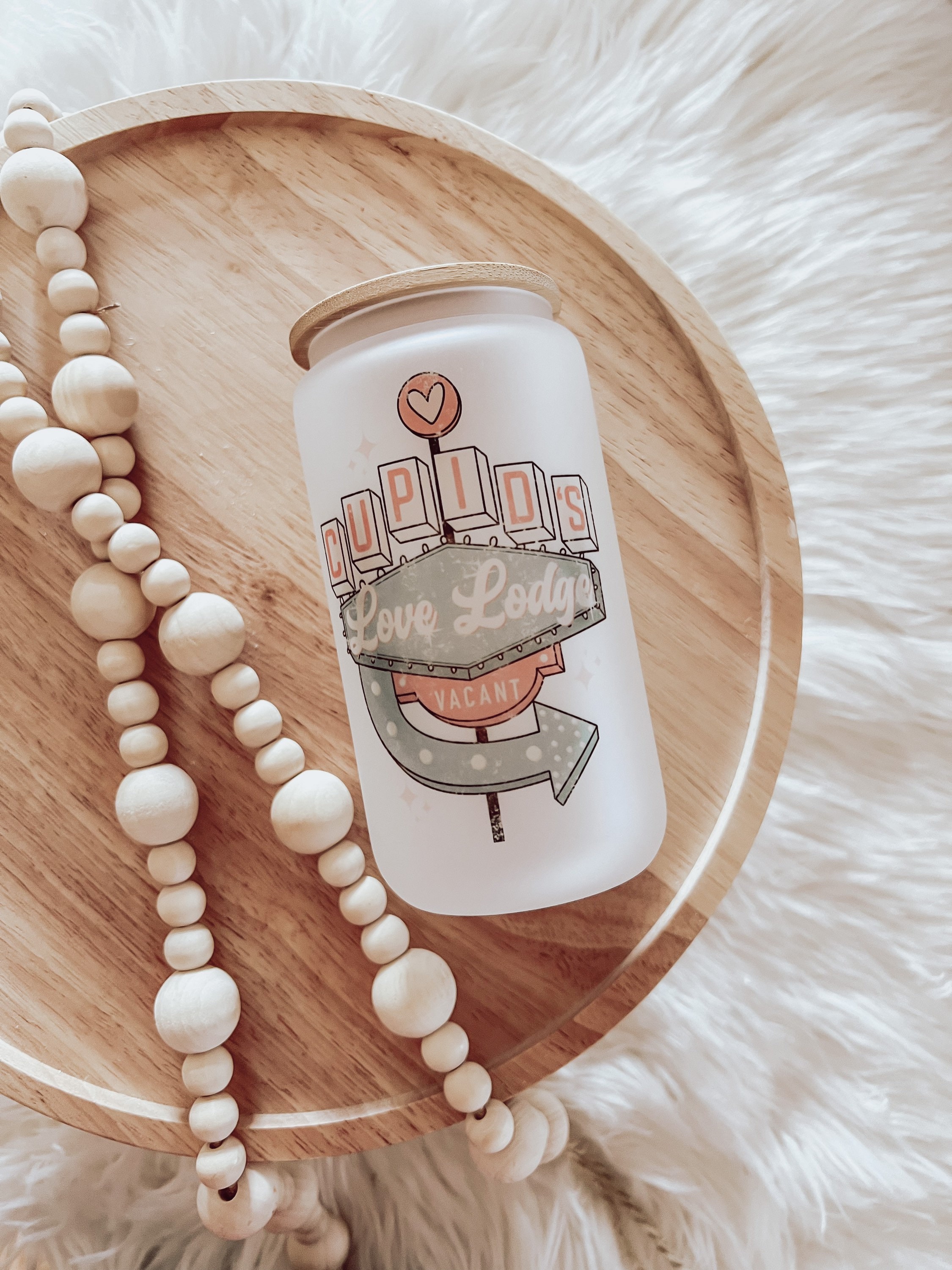 Cupids Love Lodge Beer Can Cup, Valentines Day, Iced Coffee Cup, Aesthetic Coffee Cup, Glass Can Cup, Smoothie Cup, Bamboo Lid & Straw