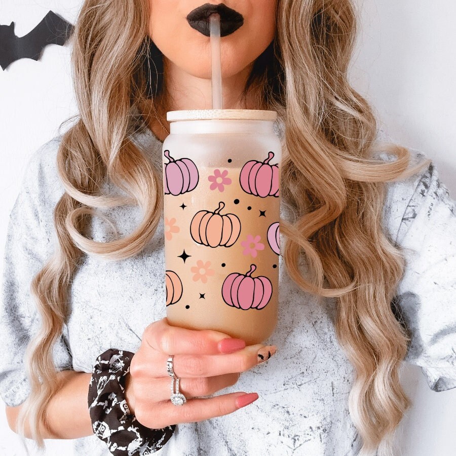 Pastel Pumpkins Coffee Can Glass | Pink Pumpkin Coffee Glass | Fall Coffee Mug | Fall Coffee Glass | Pumpkin Spice Coffee Can |