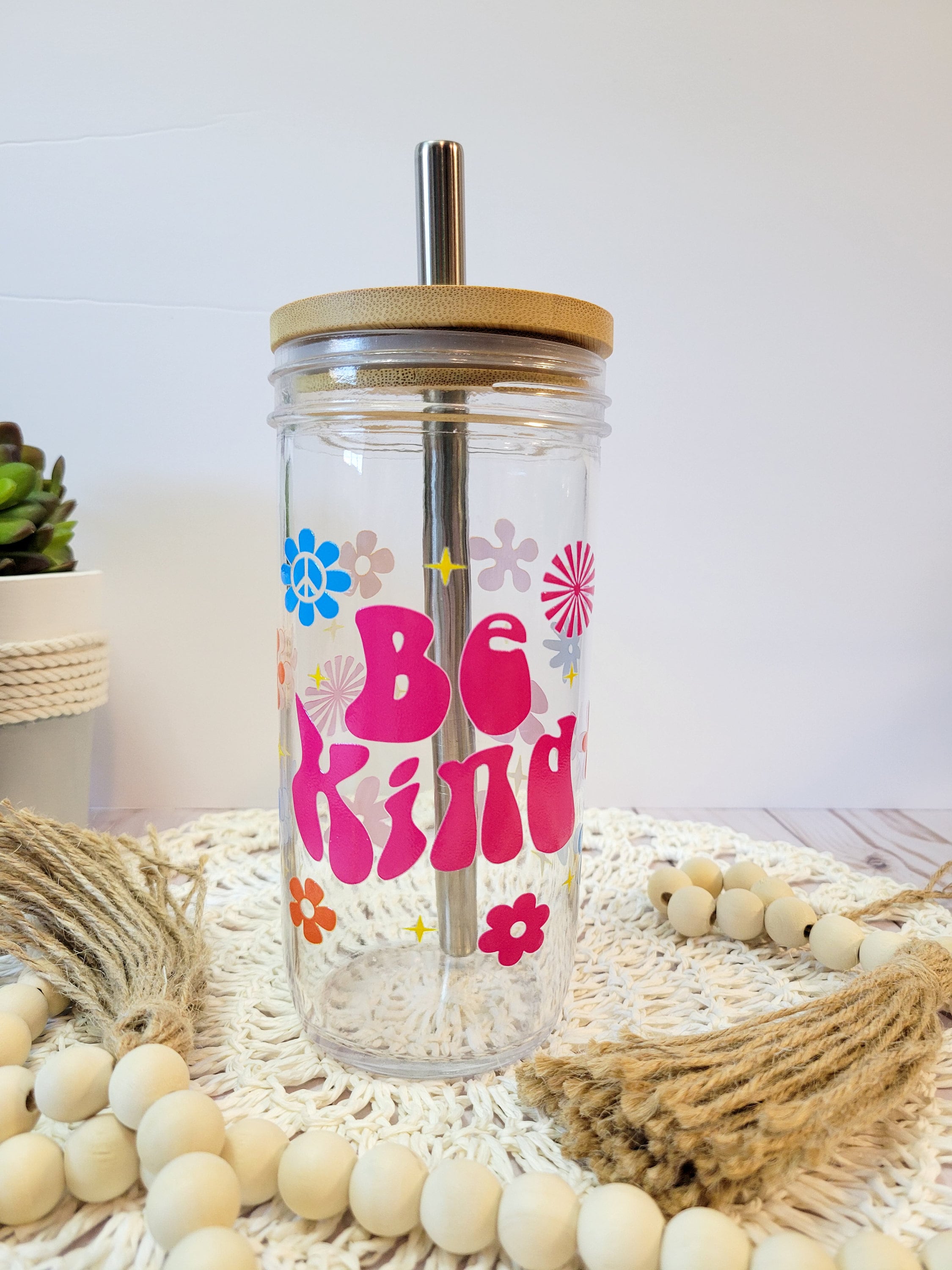 Be Kind Glass Cup, 24 oz Glass Tumbler, Retro Daisy Glass Mason Jar, Groovy Mason Jar Tumbler with Boba Straw, Bubble Tea Cup, Gift for Self