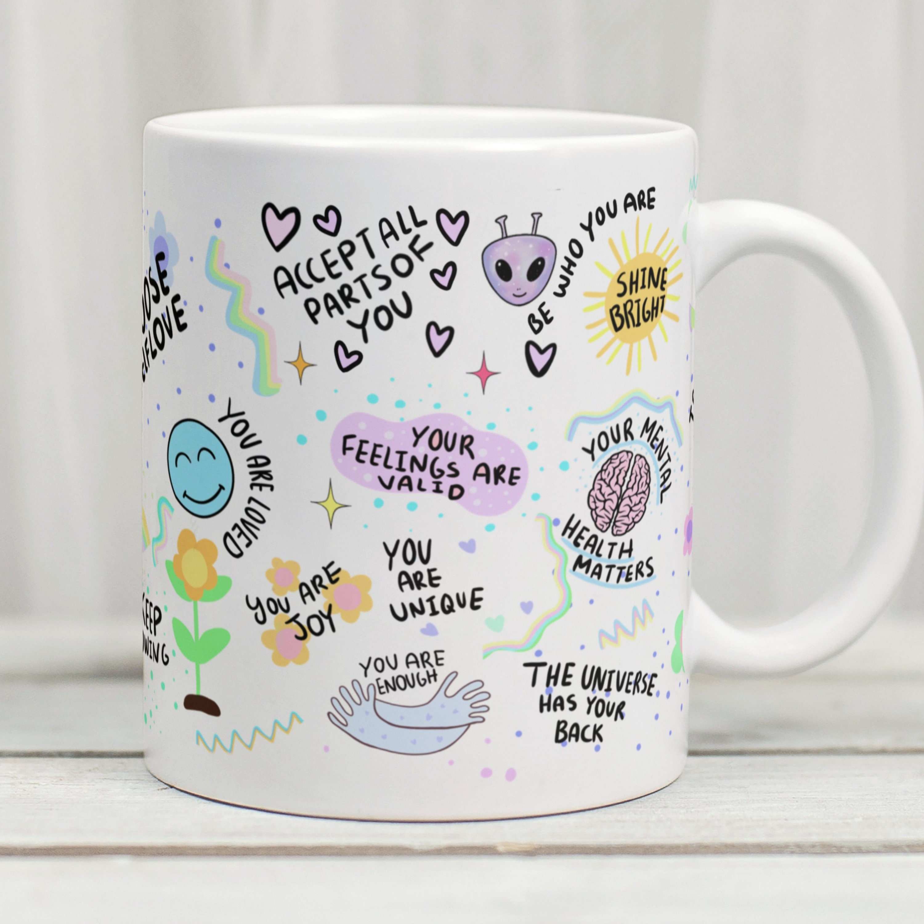 Affirmations Mug, Self Love Mug, Motivational Mug, Positive Vibes Mug, Law Of Attraction Mug, Mindfulness Gift, Cute Alien Mug