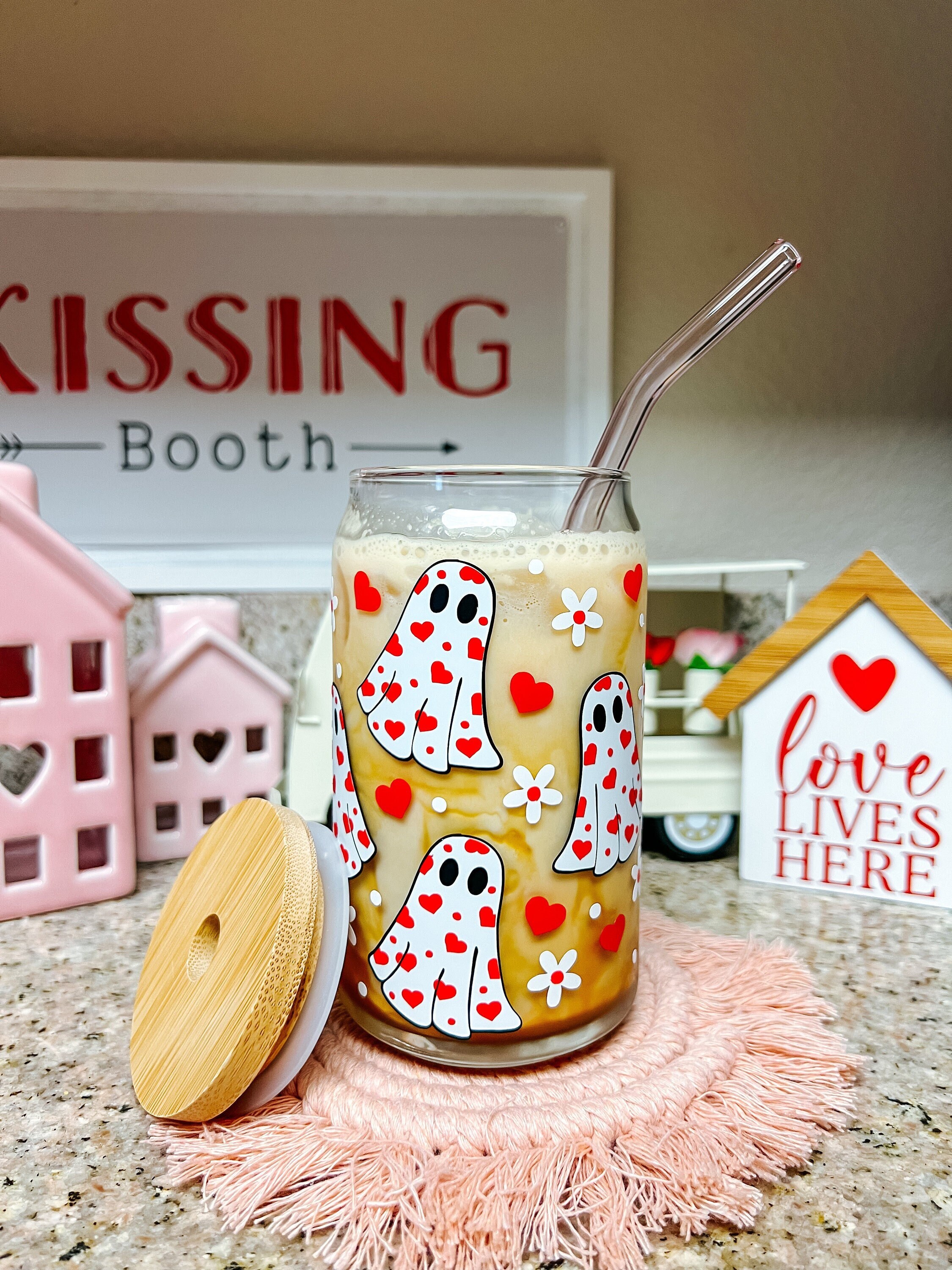 Valentines Ghost Beer Can Glass | Valentines Day Coffee Glass | Gift for Her | Valentines Gift | Iced Coffee Glass