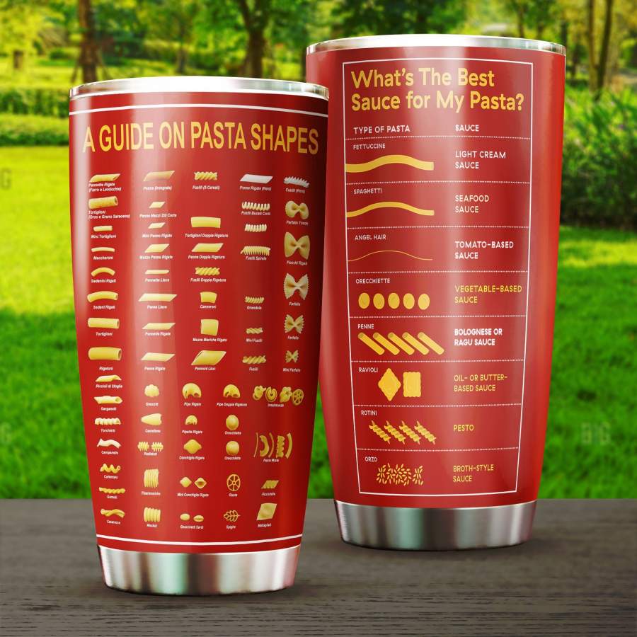 A Guide On Pasta Shapes 20 Oz Steel Mug Stainless Steel Tumbler Cup, A Guide On Pasta Shapes Steel Tumbler, Pasta Pattern 30 Oz Steel Mug