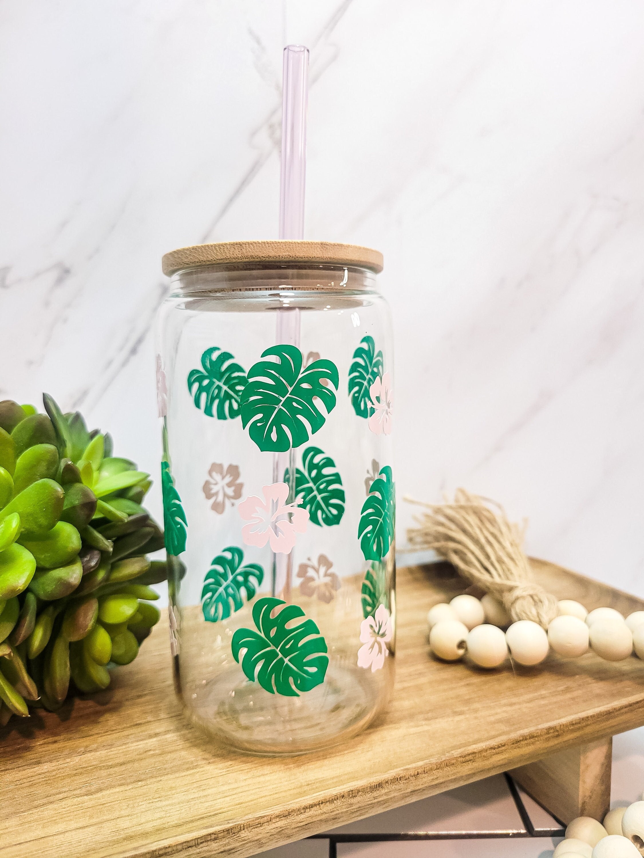 MONSTERA GLASS CUP, Monstera Leaf Glass, Retro Iced Coffee Glass Lid Straw, Plant Beer Can Glass, Floral Glass Tumbler for Plant Lover, gift