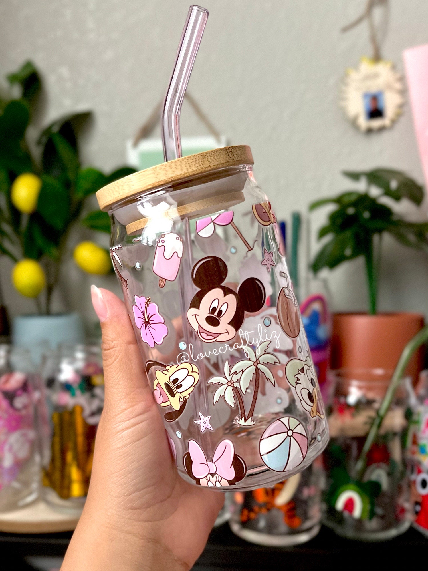 Disney Park Beachy Summer 16oz Beer Can Glass | Spring Cup | Iced Coffee | Beach | Gift | Palm| Minnie | Disney Ears| Mickey | Mouse