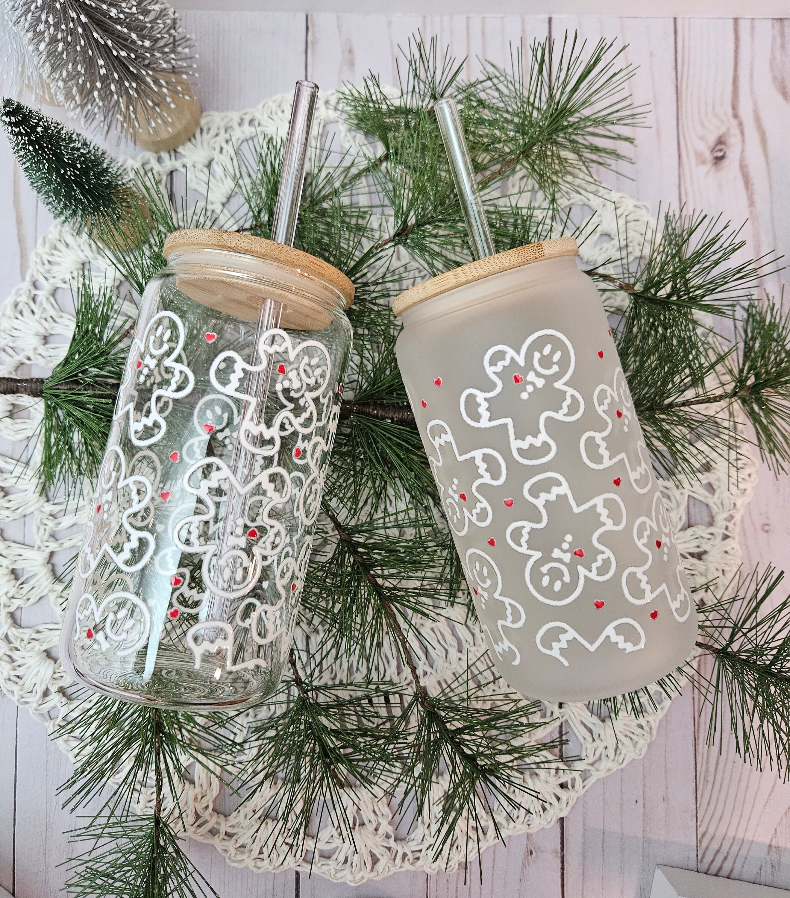 Gingerbread Man Glass Cup, Christmas Iced Coffee Glass Can, Gingerhearts, Holiday Gift for Her, Holly Jolly Cup, 16 oz can shaped glass