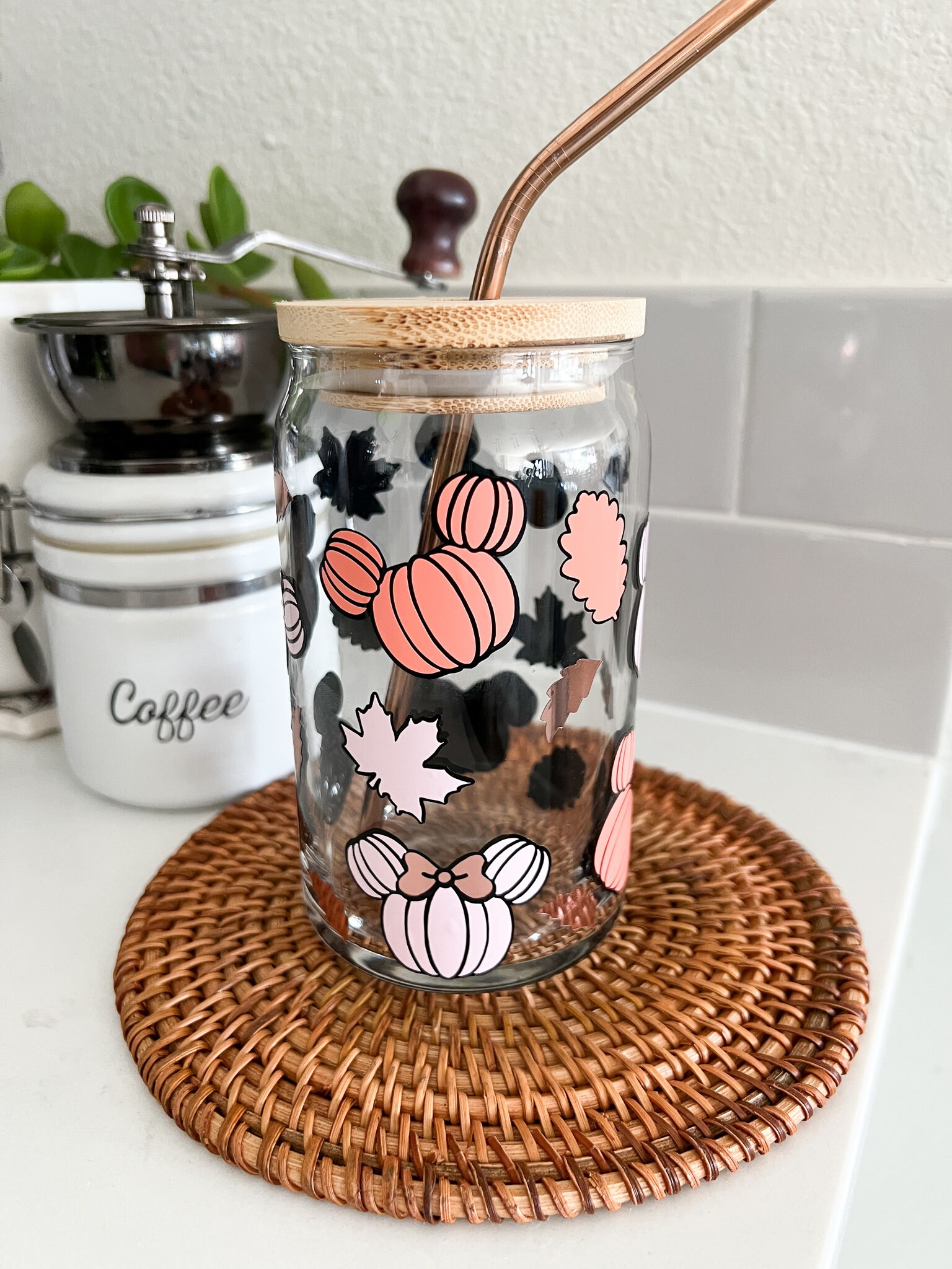 Mickey Pumpkin Can Glass, Minnie Mouse Fall Design, Ice Coffee Drink, Disney Mug, Personalized Gift, Pumpkin Mickey Ears, 16 oz Can Glass