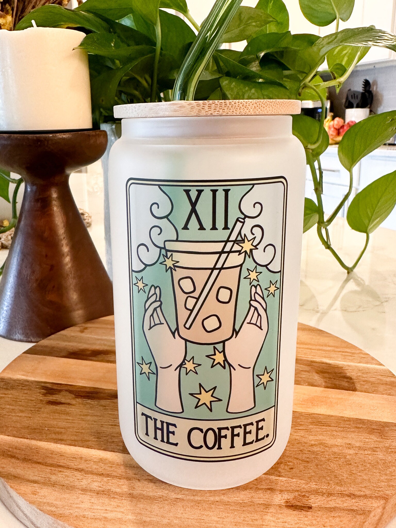 The Coffee Tarot Card Glass Tumbler, Iced Coffee Glass, 16 Oz Glass Can, Ice Coffee Drink, Coffee Lover Gift, Glass w/ Bamboo Lid & Straw