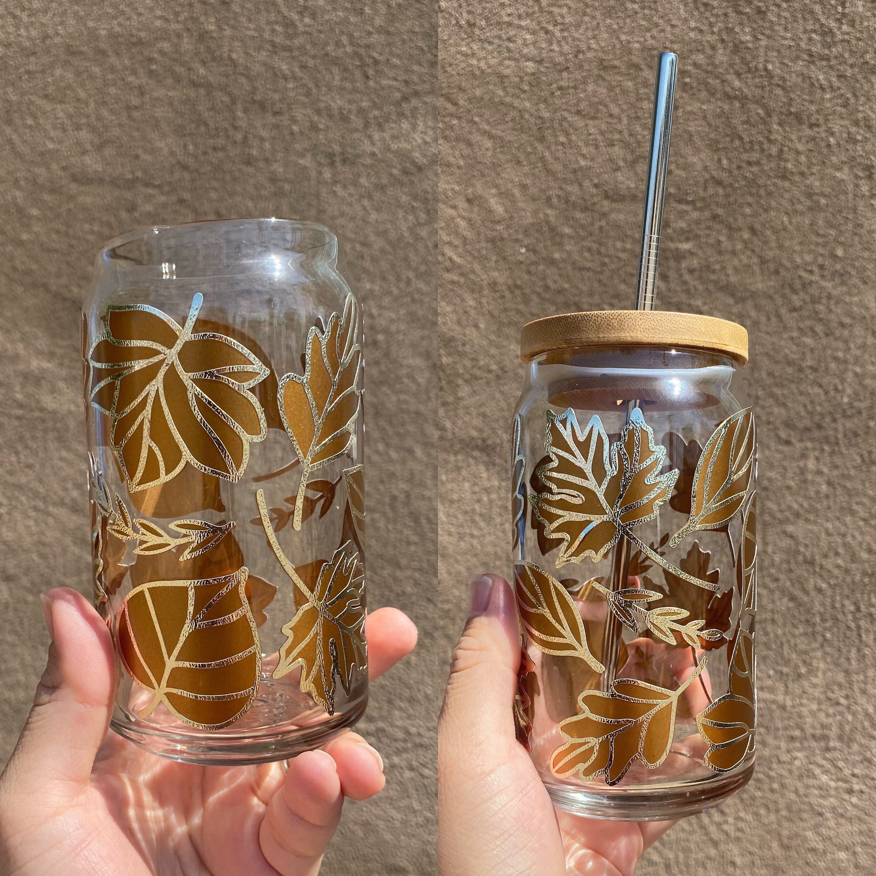 Metallic Fall Leaf Beer Glass Can, Autumn Glass Can,  Libbey Glass Can, Autumn Cups, Abstract Leaves,Halloween Cups,Fall Leaves, Fall Season