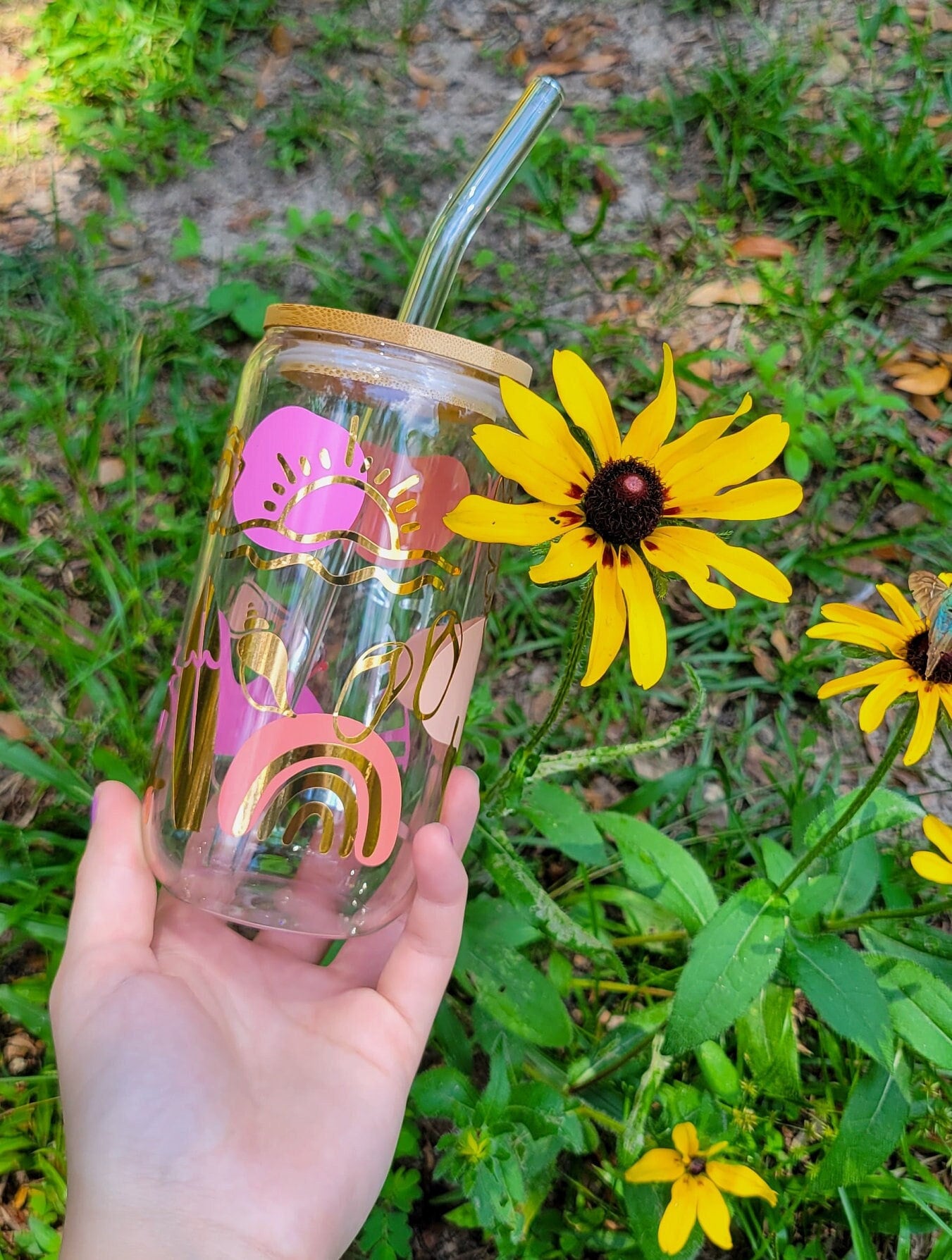 Boho Summer Iced Coffee Glass Cup With Lid And Straw Boho Aesthetic Beer Can Glass Coffee Cup Summer Glass Tumbler Iced Coffee Lover Gift