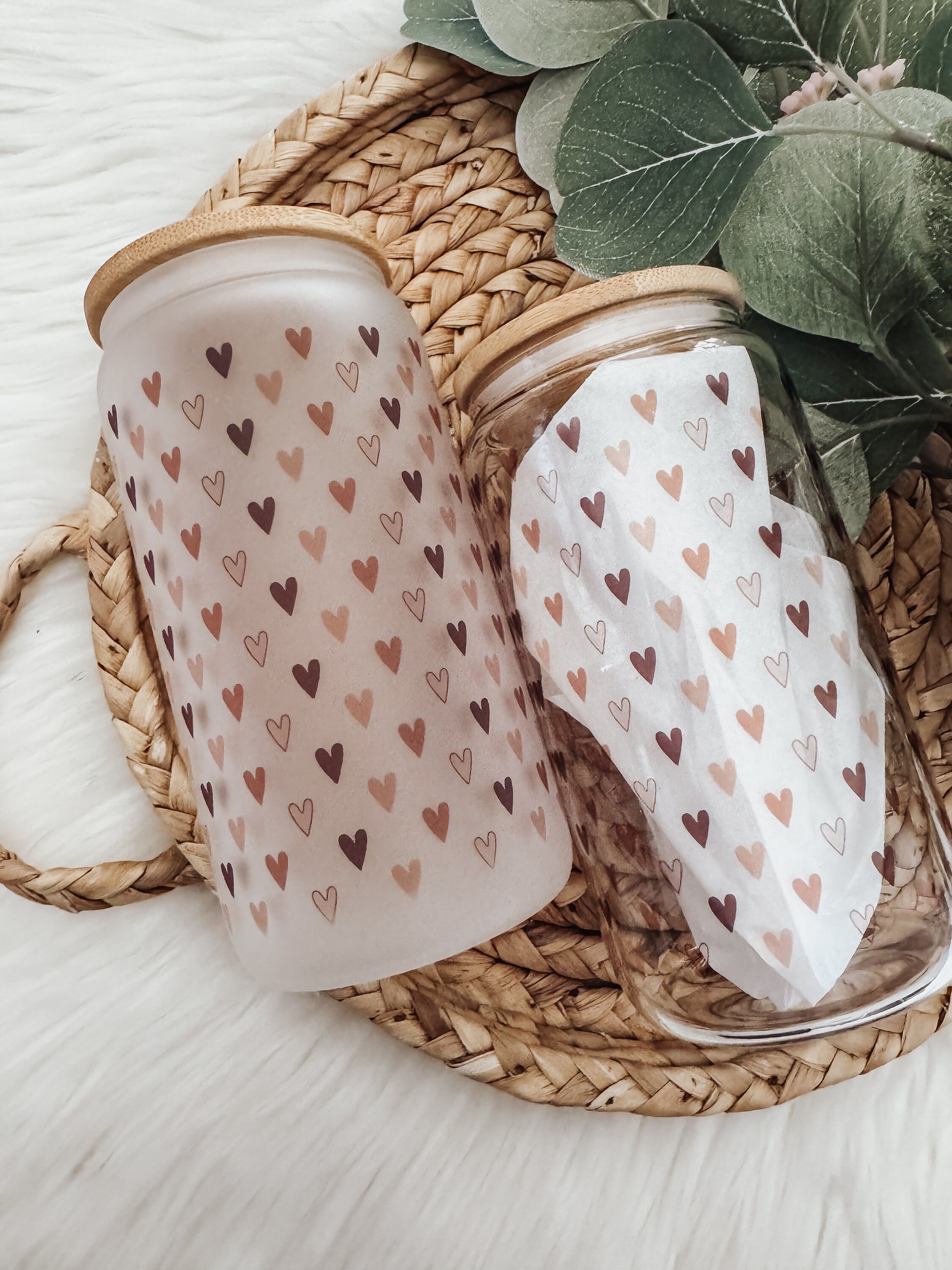 Mini Boho Hearts Can Cup, Soda Can, Valentines Day, Iced Coffee Cup, Aesthetic Coffee Cup, Glass Can Cup, Smoothie Cup, Bamboo Lid & Straw