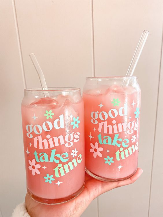 Good Things Take Time Aesthetic Beer Can Shaped Glass, Cute Boho Retro Inspired Coffee Glass Tumbler