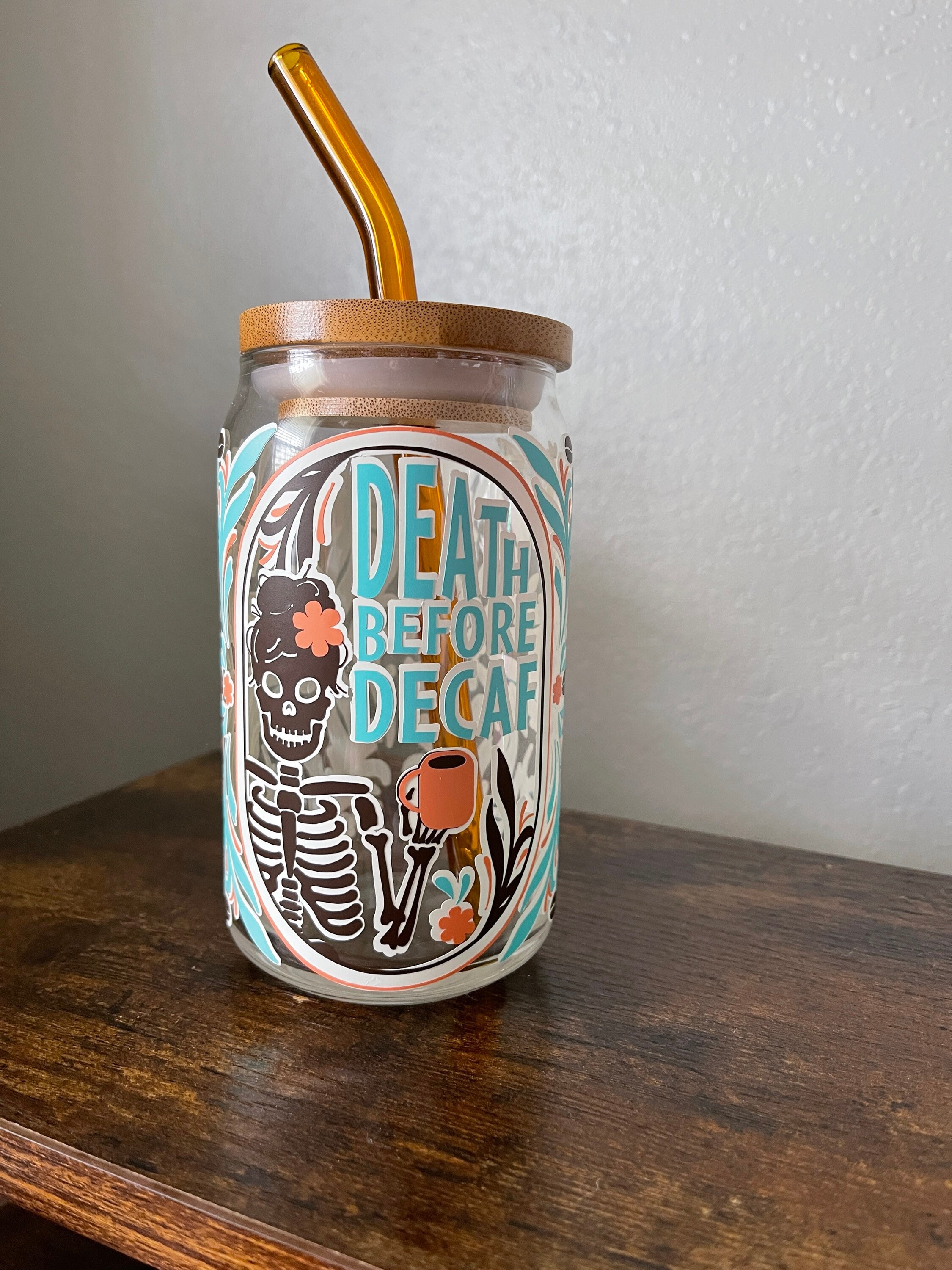 Death before decaf Beer Can Glass | custom coffee glass | Best Friend gifts |  coffee glass | iced coffee glass | fall coffee glass