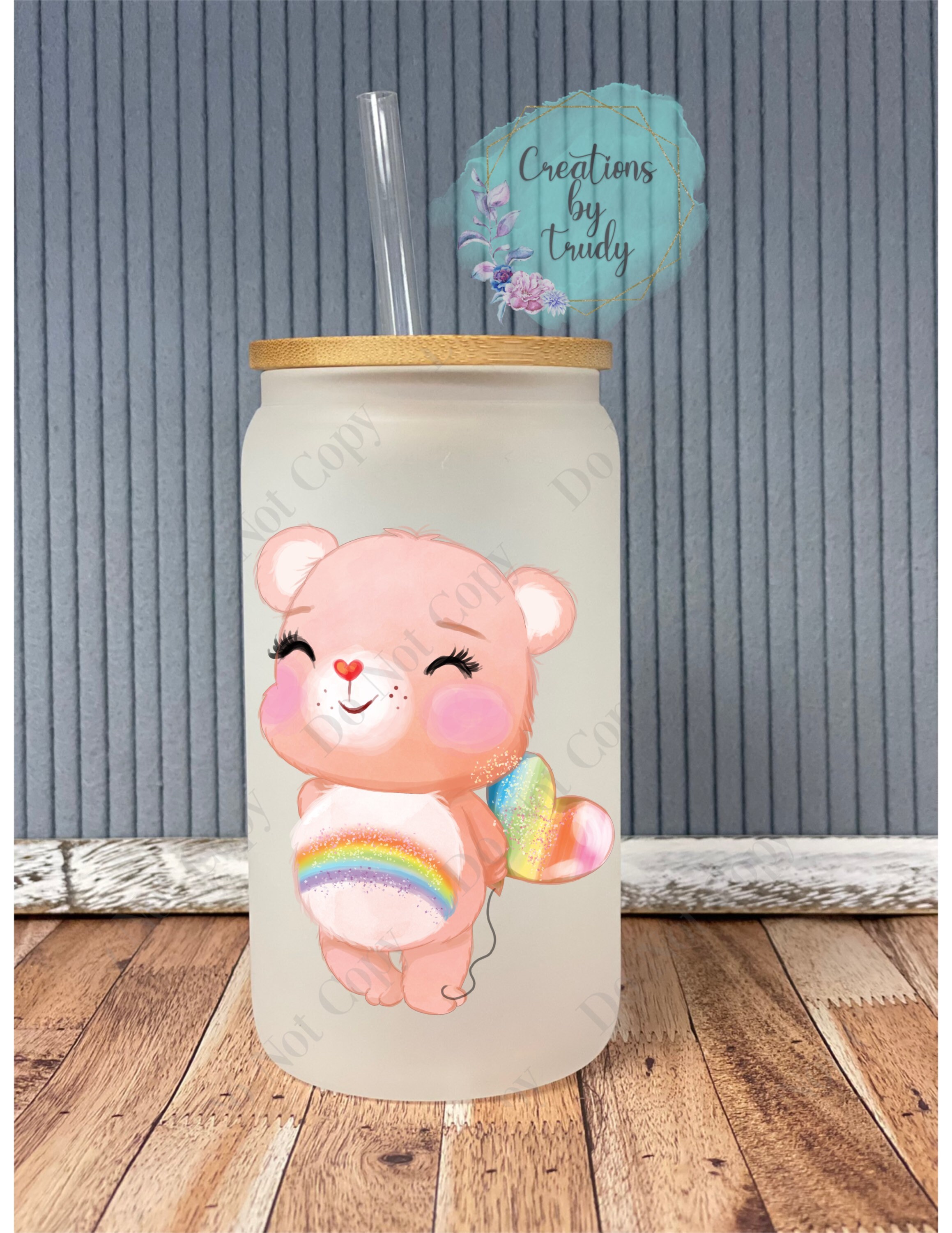 Rainbow bear- frosted can shaped glass with lid and straw