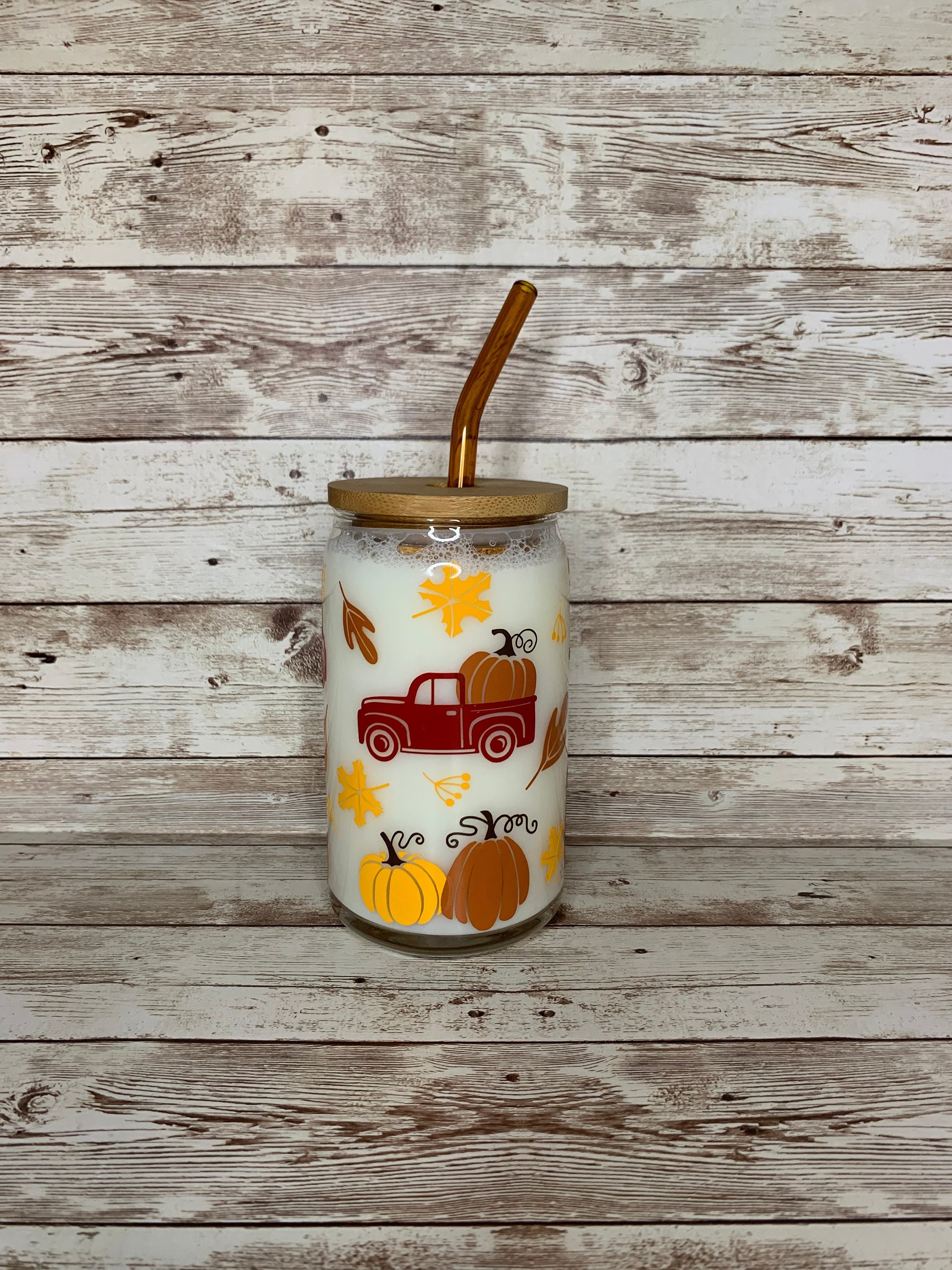 Fall Pumpkin Beer Can Glass / Autumn Leaves Coffee Cup / Gift for her / Custom Iced Coffee Cup / Red Truck / Pumpkin Spice / Friendsgiving