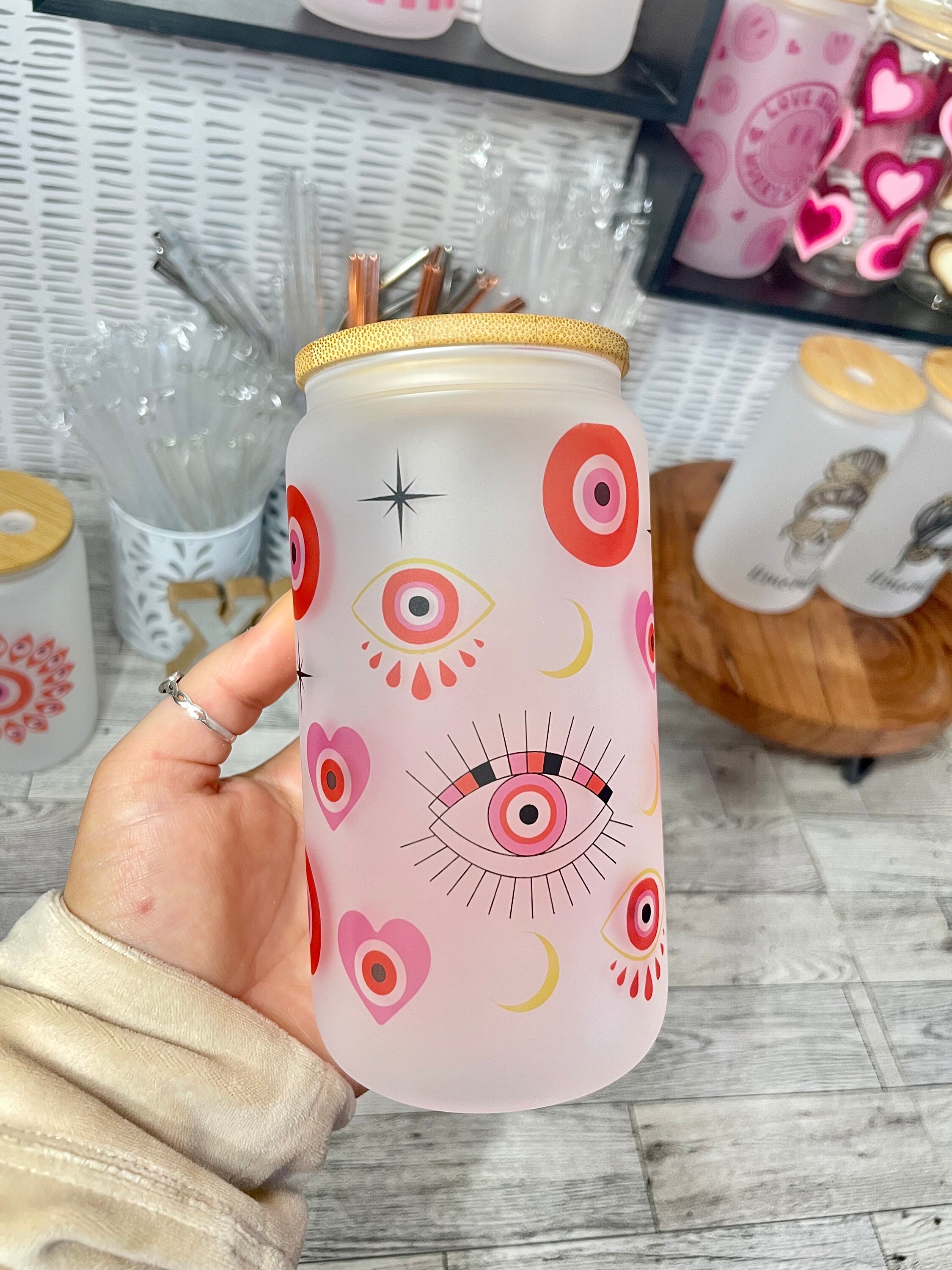 Pink Evil Eye | Good Vibes | Evil Eye | 16 oz Glass Can | Iced Coffee | Bamboo Lid | Soda Can Glass | Beer Can Glass | Sublimation |