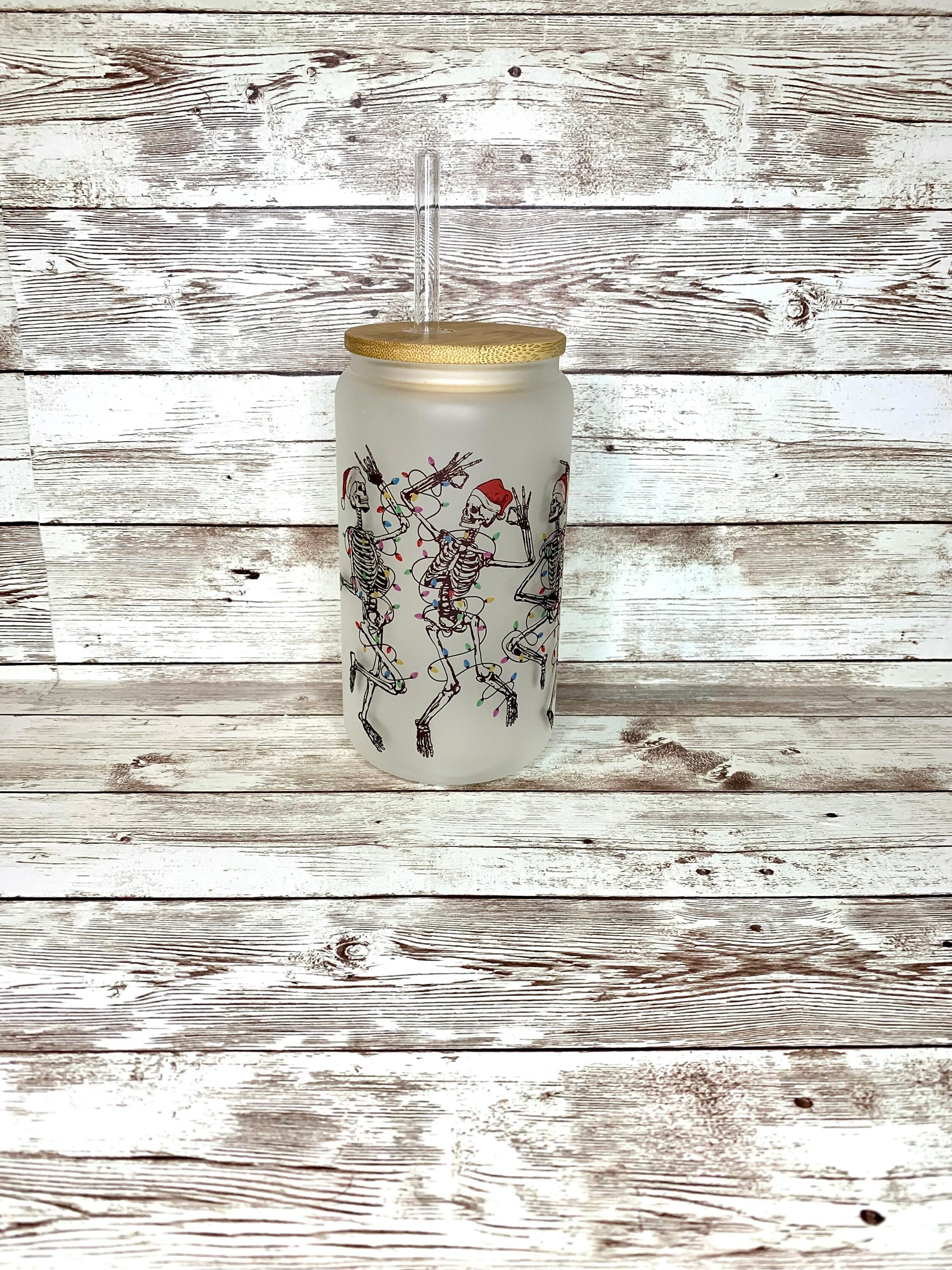 Dancing Christmas Skeletons Beer Can Glass / Christmas Lights / Funny Santa / Dead Inside / Iced Coffee Glass / Gift for Her / Stocking Idea