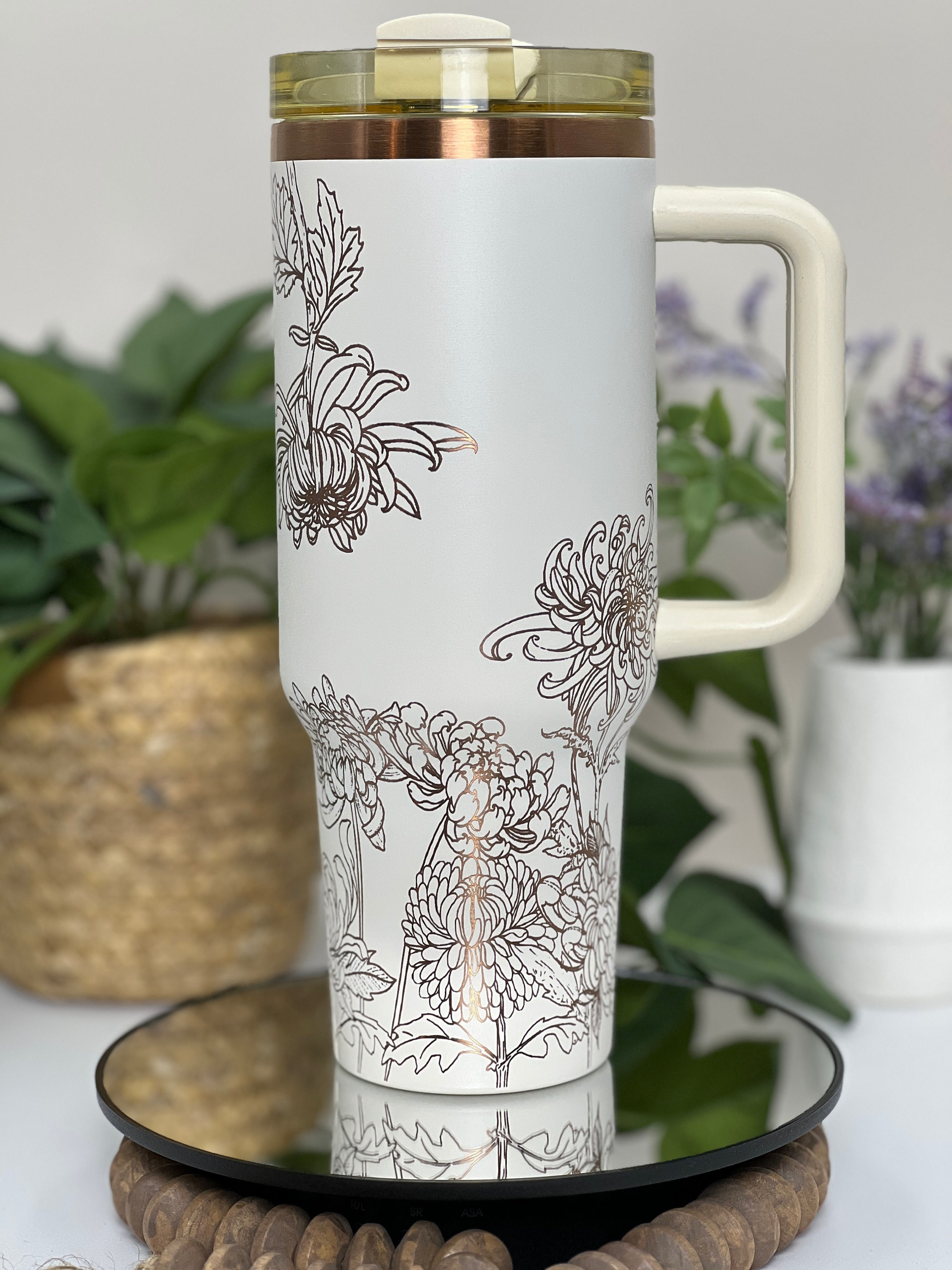 Chrysanthemum Laser Engraved 40oz Tumbler with Handle Lid and Straw, Custom Engraved Seamless Floral Tumbler, Double Wall Insulated Cup