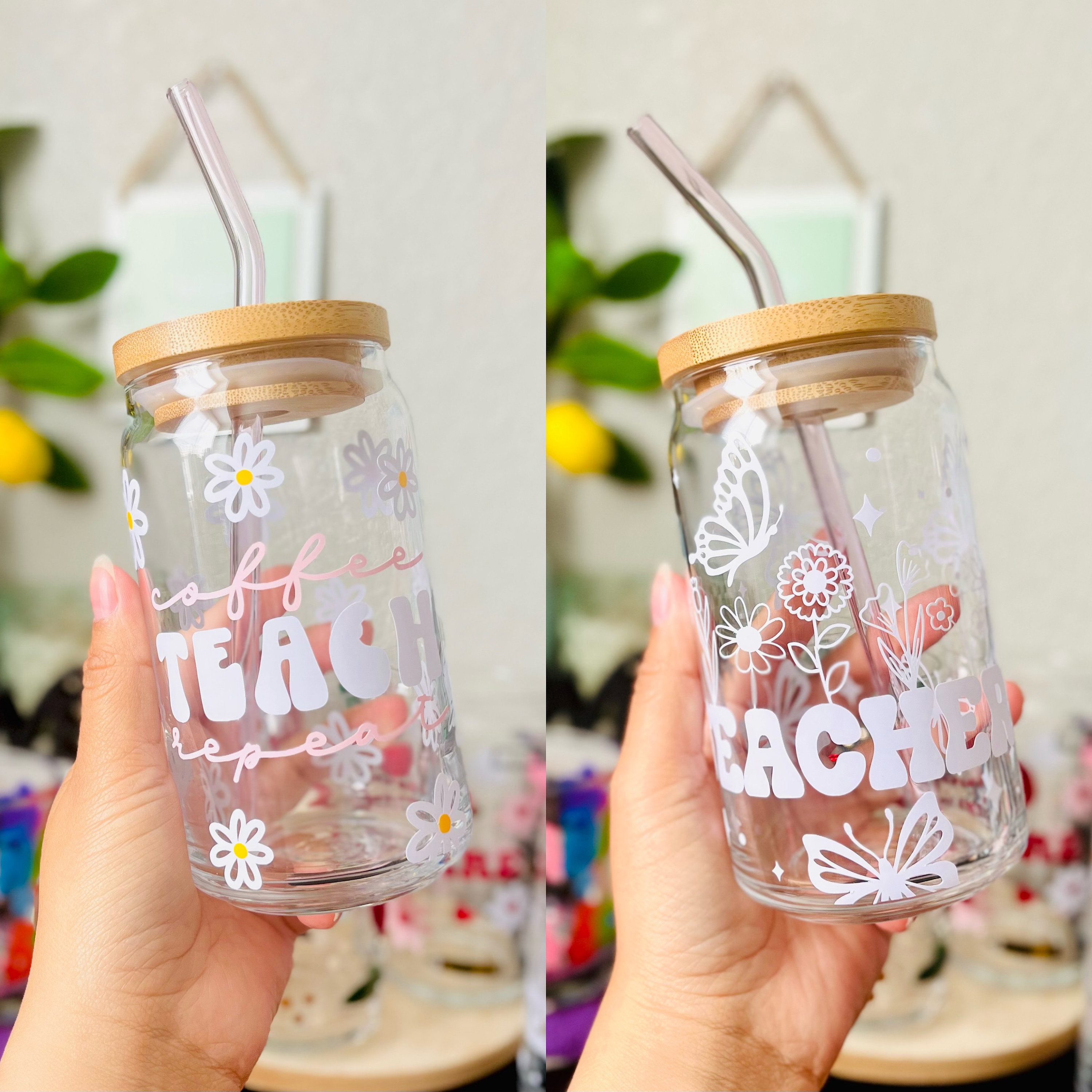 Teacher 16 oz Beer Can Glass | Spring Summer Floral | Teacher Cup | Teacher Appreciation Gift | Maestra |Coffee Teach Repeat| Butterfly