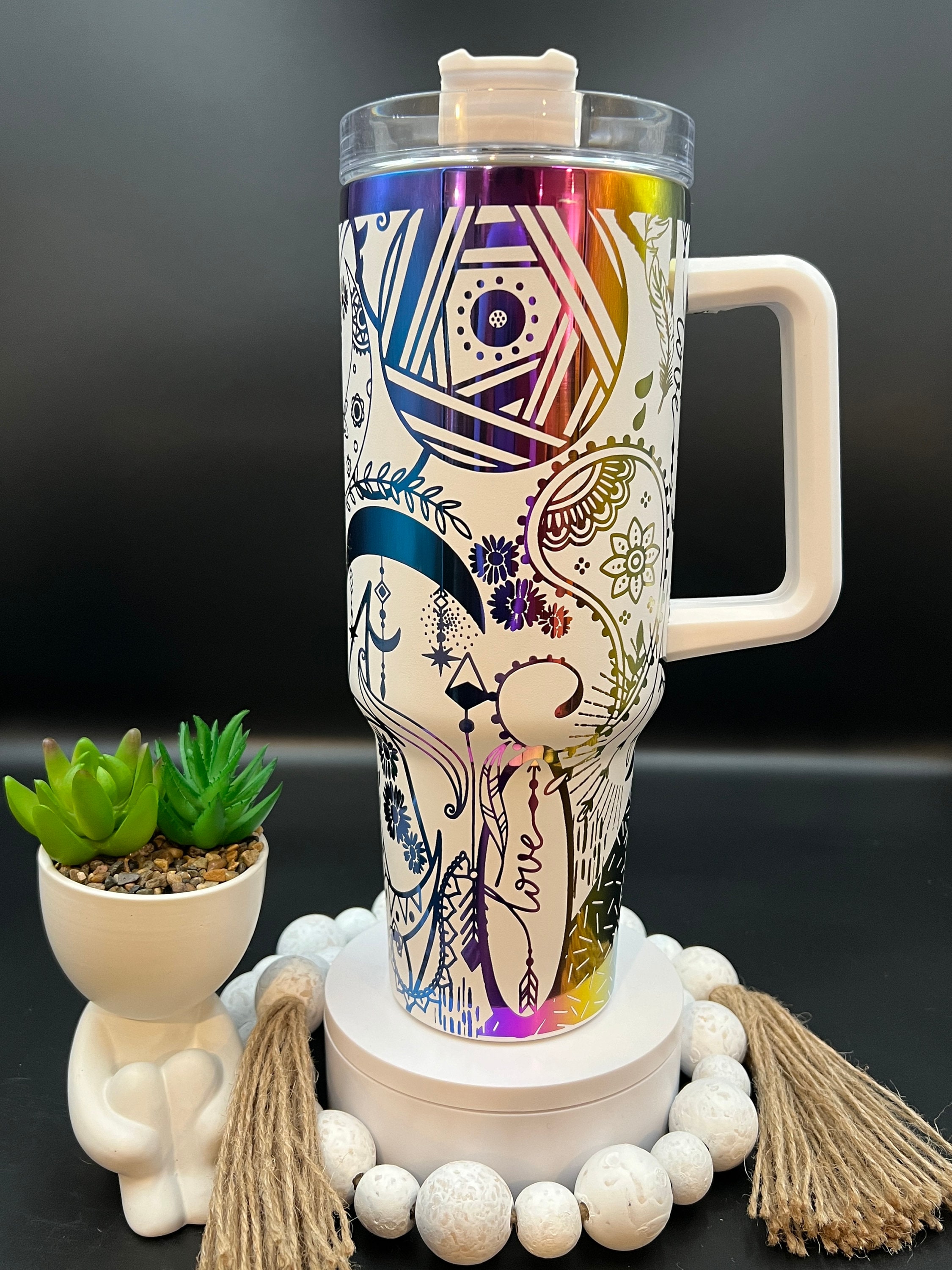 Boho Paisley Doodles Laser Engraved 40oz White Rainbow Non Branded Tumbler with Handle Lid and Straw, Double Wall Insulated READY TO SHIP!