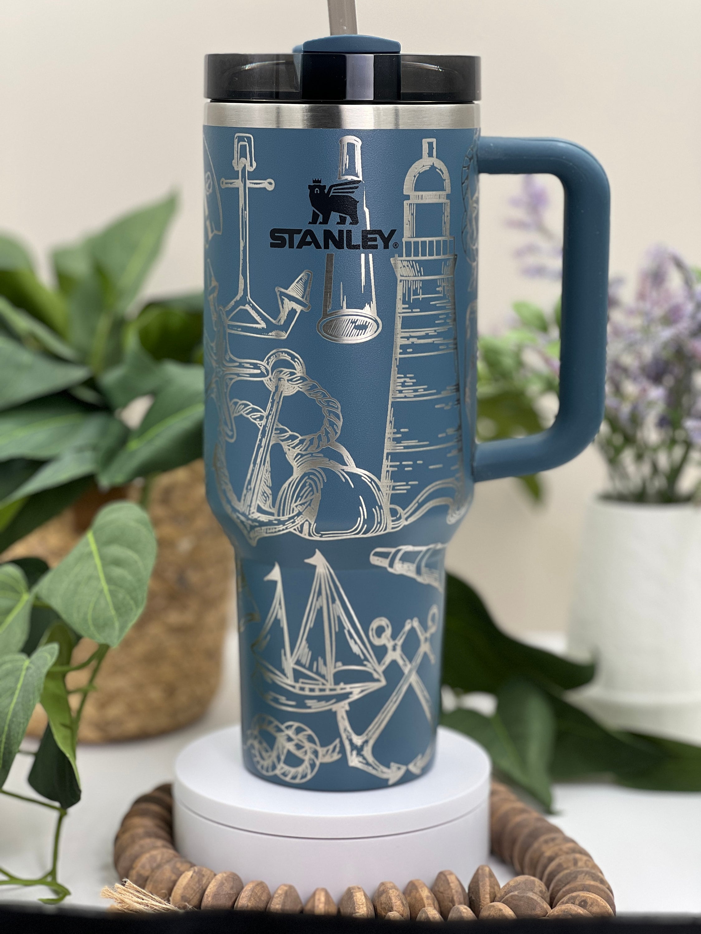 Nautical Doodles Laser Engraved 40oz Tumbler with Handle Lid and Straw, Custom Engraved Seamless Tumbler, Double Wall Insulated Cup