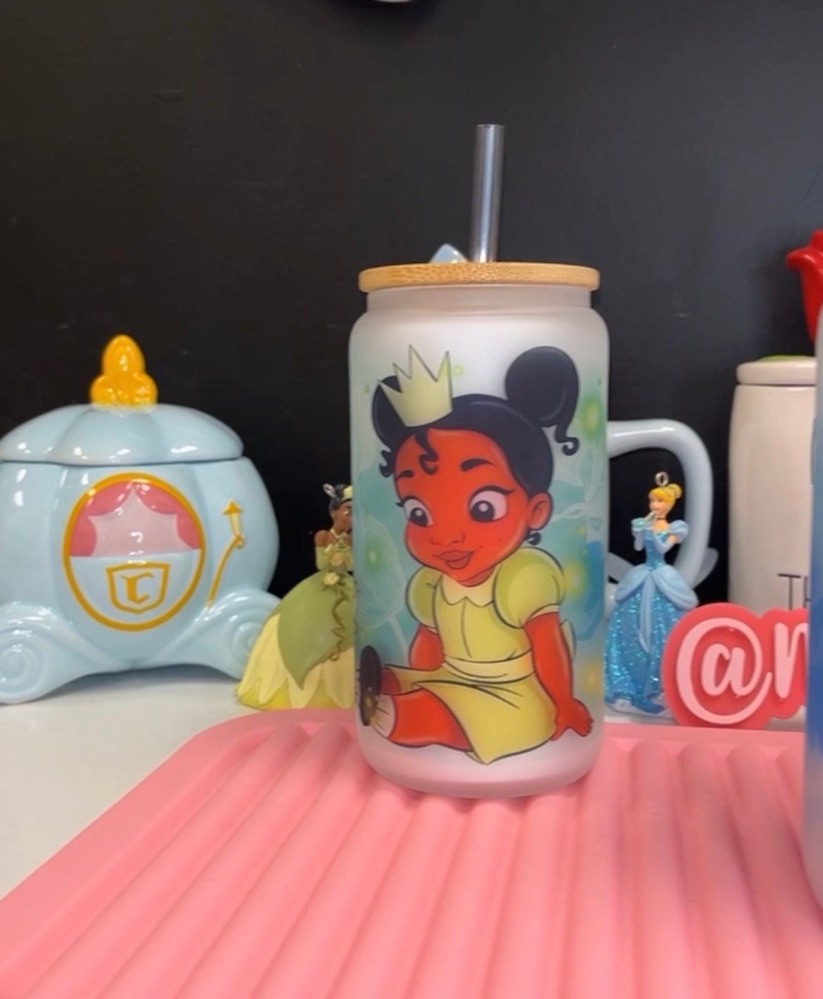 Tiana frosted glass can, Princess and the frog glass can