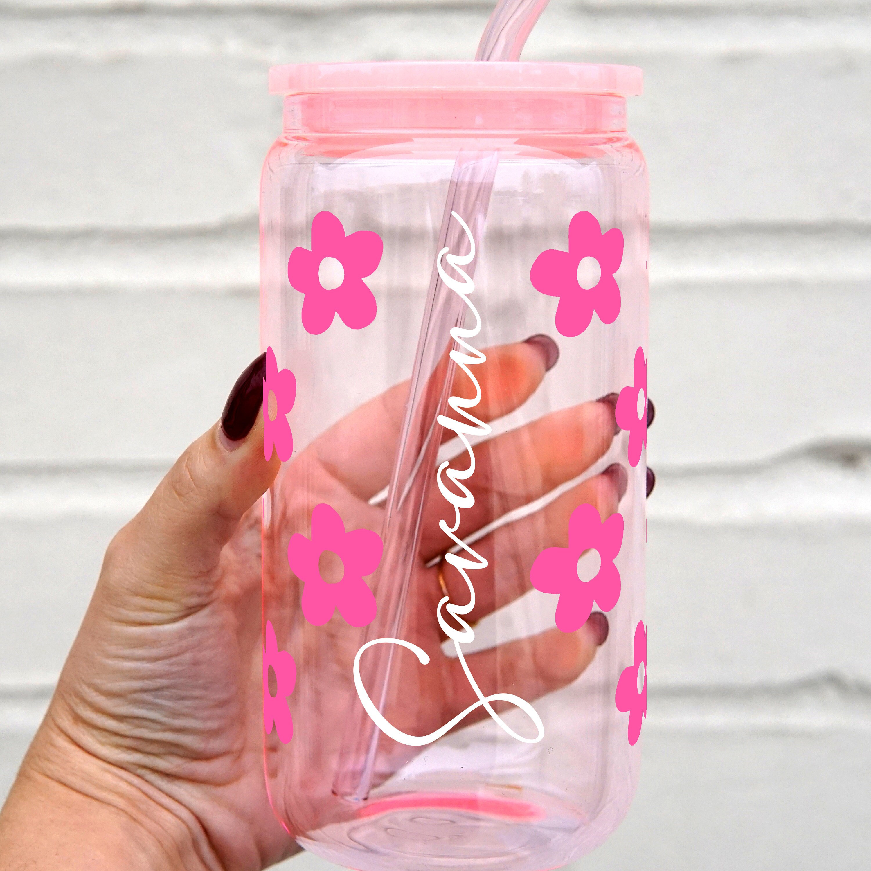 Pink Lover Personalized Glass Cup, Smiley Daisy Leopard Cow Pink Tumbler, Can Glass with Lid & Straw, Aesthetic Custom 16oz Glass Tumbler