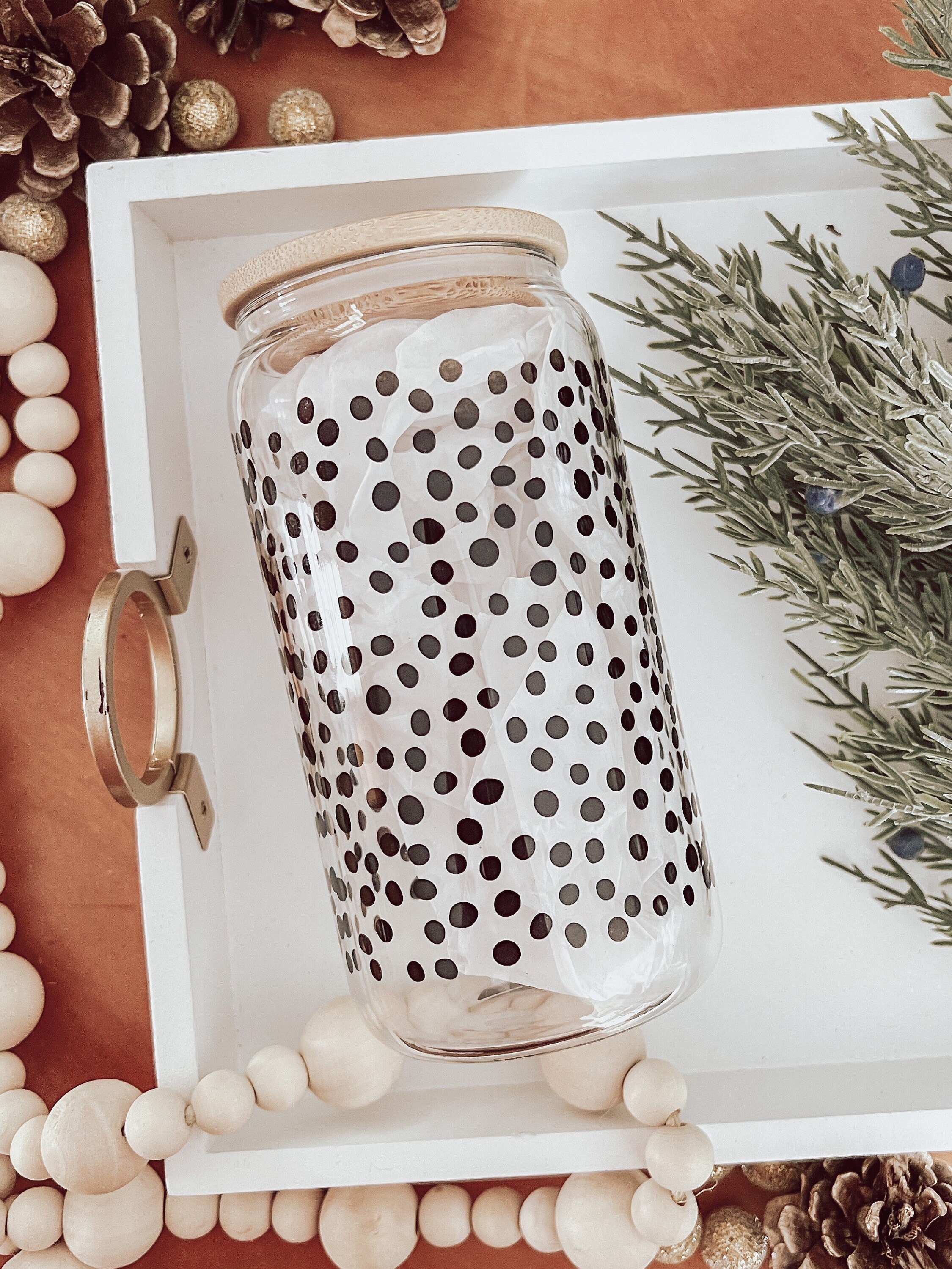 Polka Dots Glass Can Cup, Iced Coffee Cup, Smoothie Glass, Fall Cup for Iced Coffee, Cold Drink Cup, Reusable Plastic Straw and Bamboo Lid,