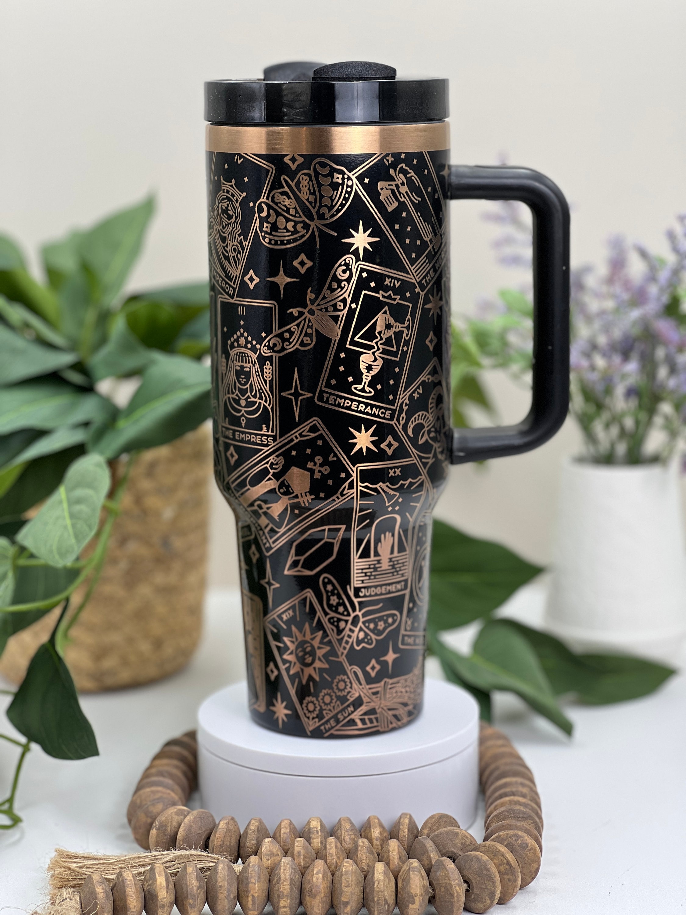 Tarot Cards Laser Engraved 40oz Tumbler with Handle Lid and Straw, Custom Engraved Seamless Tumbler, Double Wall Insulated Cup