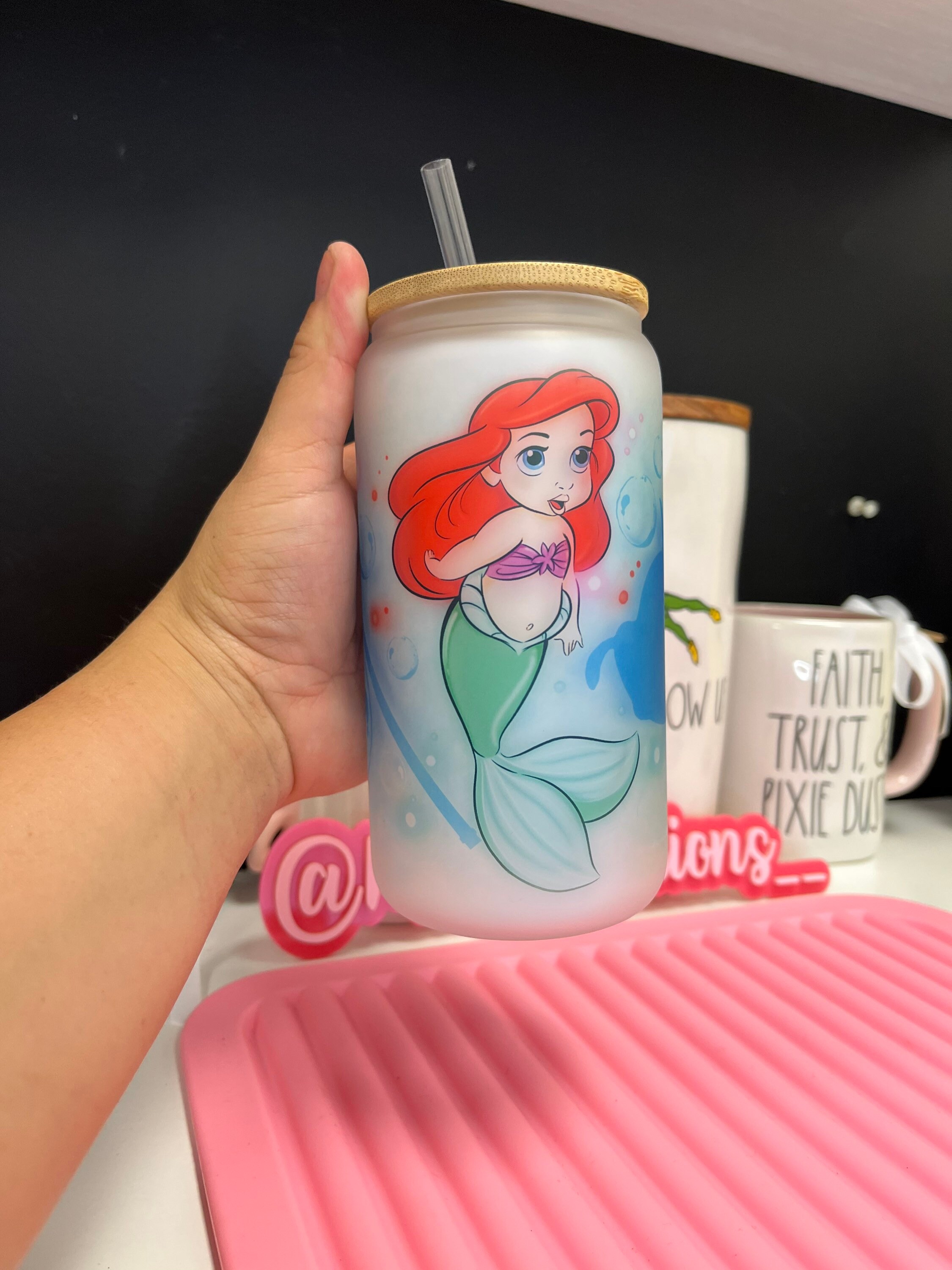 Ariel frosted glass can, Princess Ariel glass can, Little mermaid glass can