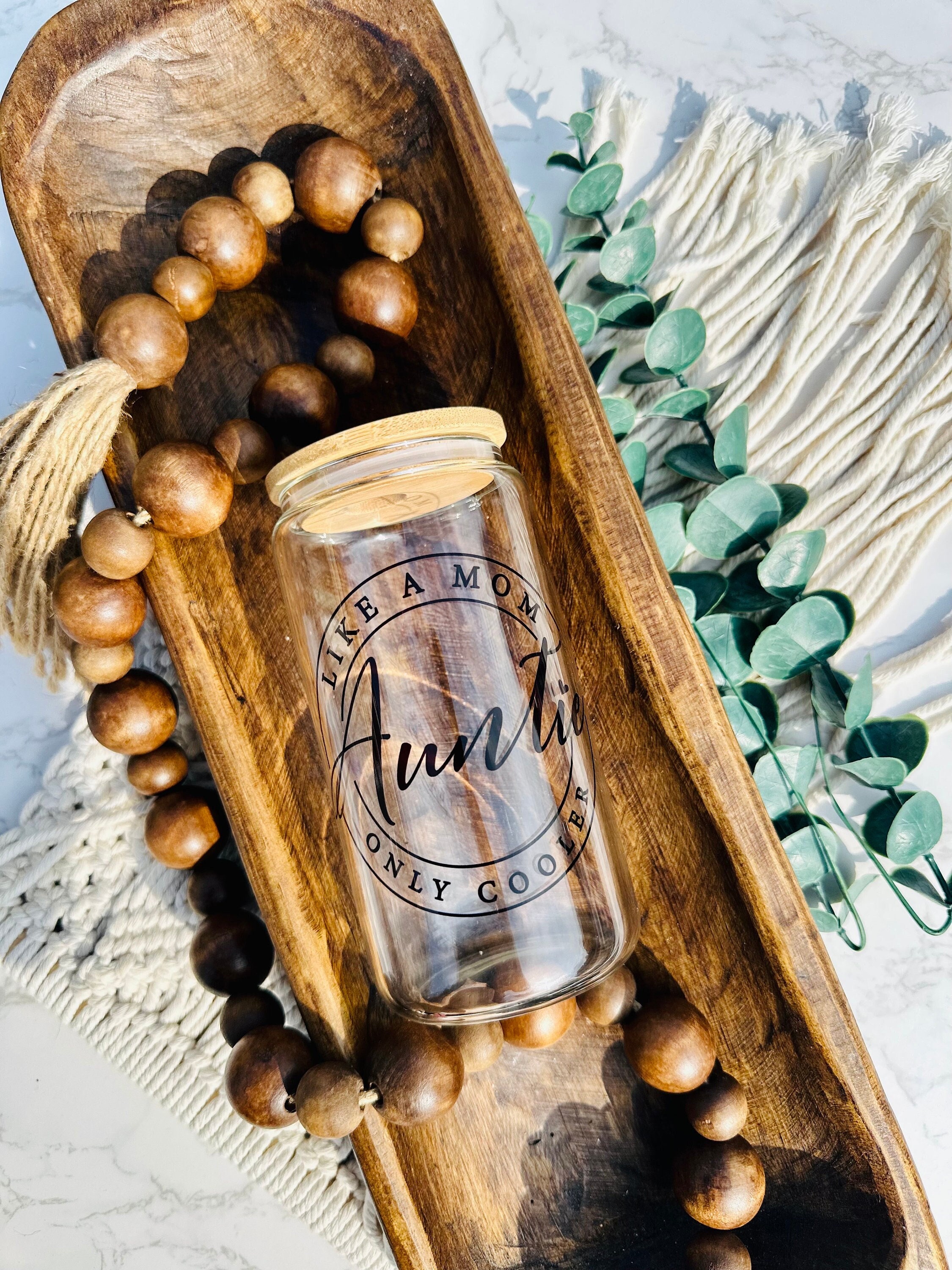 Auntie beer can glass, like a mom only cooler, sublimation glass, bamboo lid and straw, libbey glass, coffee glass, iced coffee glass