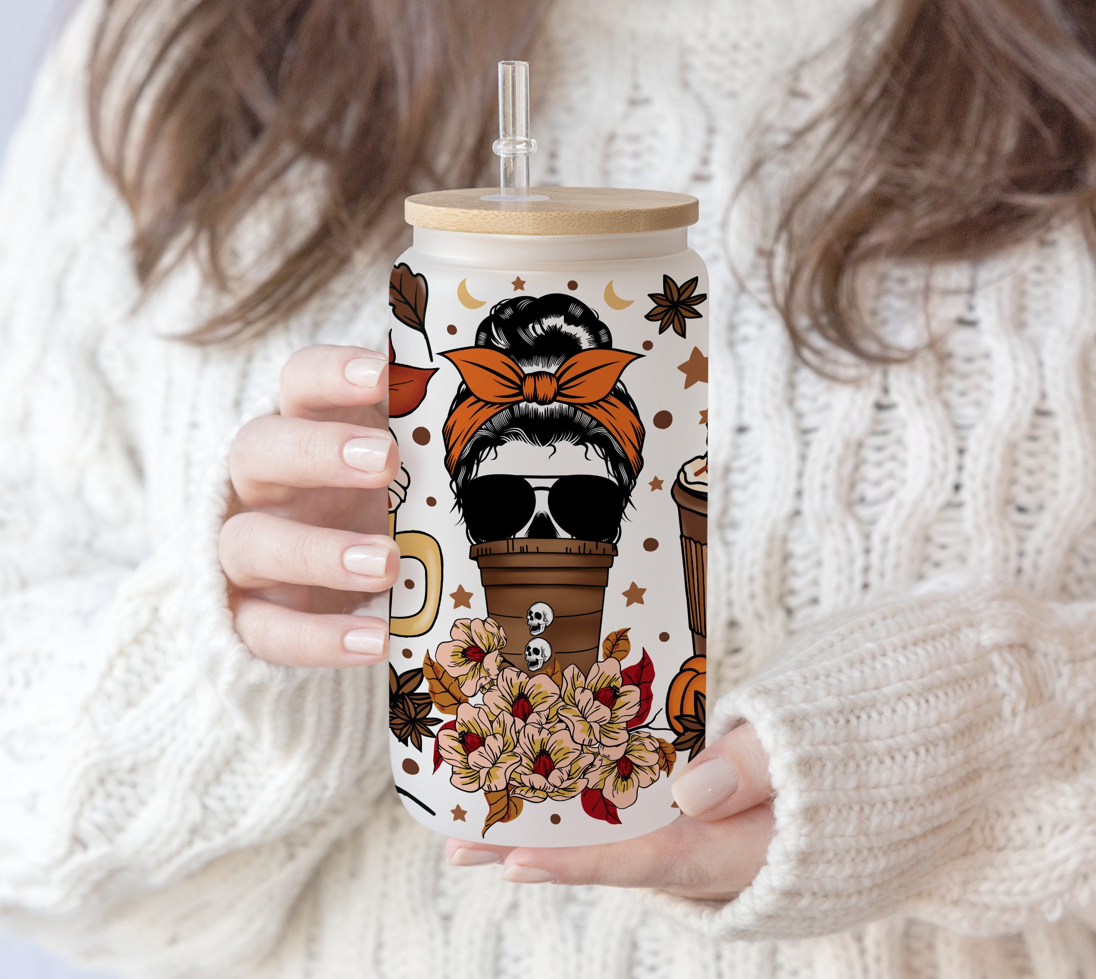 2 Files 16 oz Libbey Beer Glass Can Hand drawn Fall Coffee Horror Movies latte iced Coffee warm cozy autumn Skull mom life pen wrap PNG