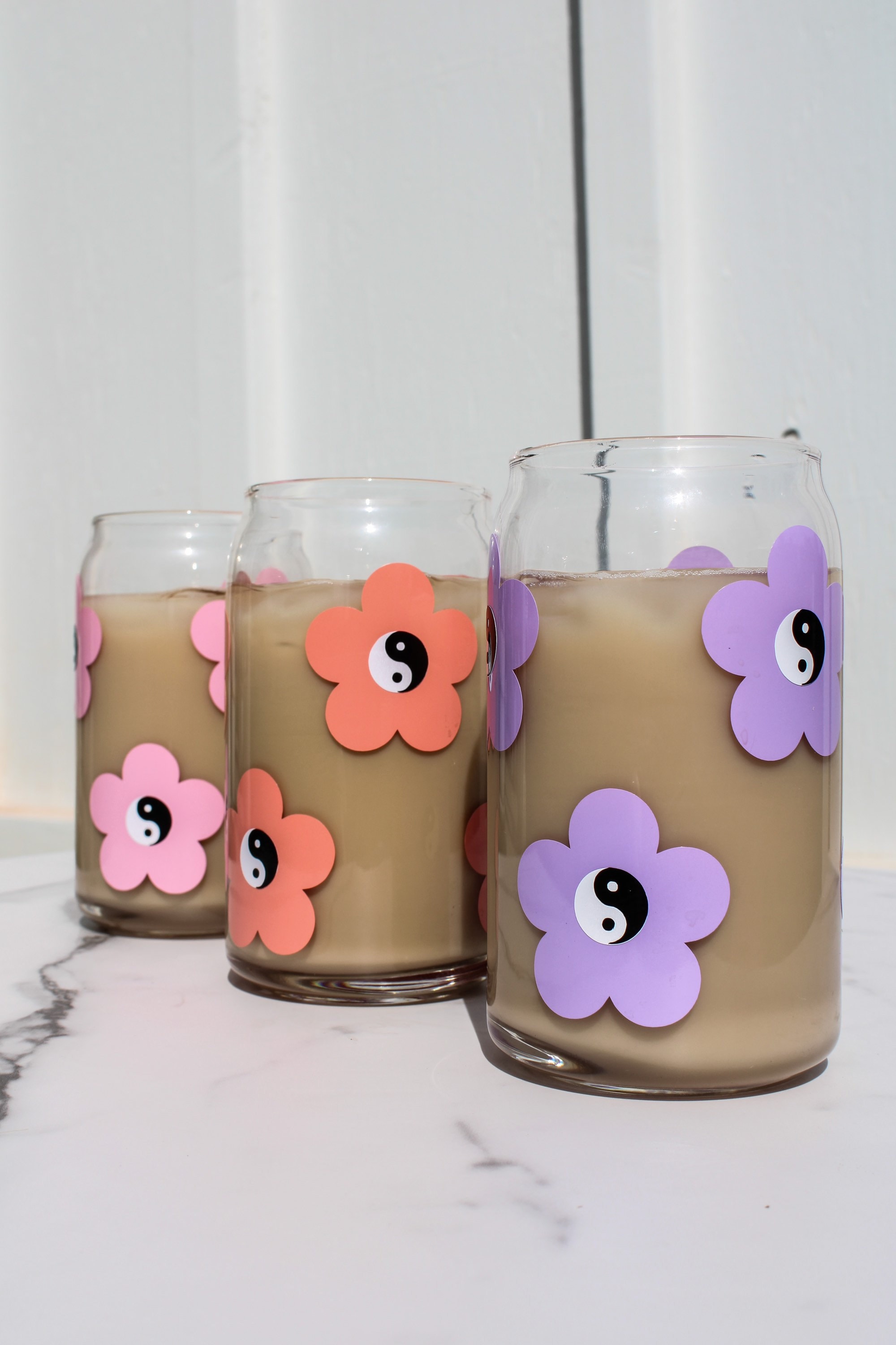 Yin Yang Flowers – Summer Beer Can Glass – Classic Can Glass – Coffee Cup – Gift for Her – Trendy Glassware – Drinkware