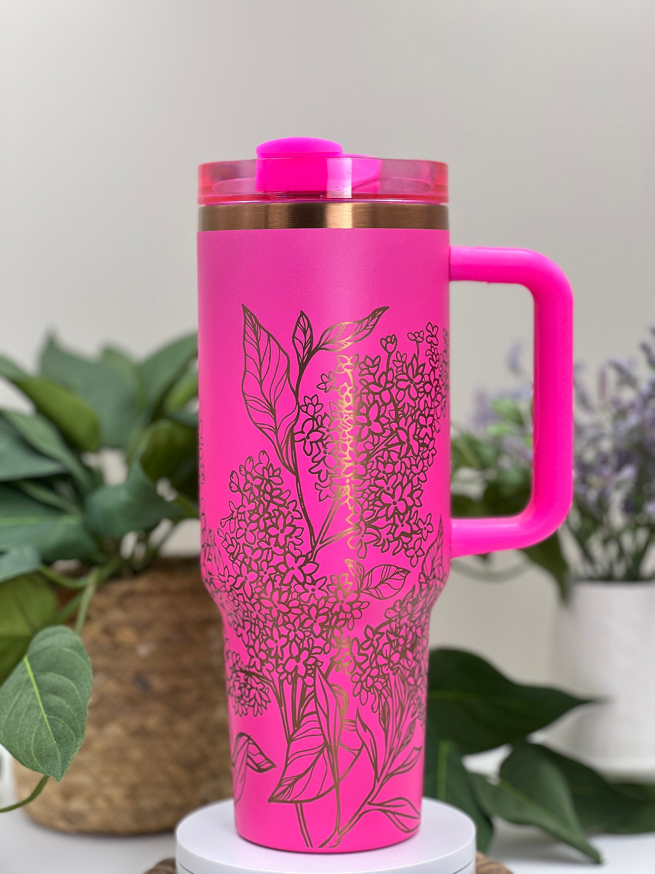 Lilacs Laser Engraved 40oz Tumbler with Handle Lid and Straw, Custom Engraved Seamless Floral Tumbler, Double Wall Insulated Cup