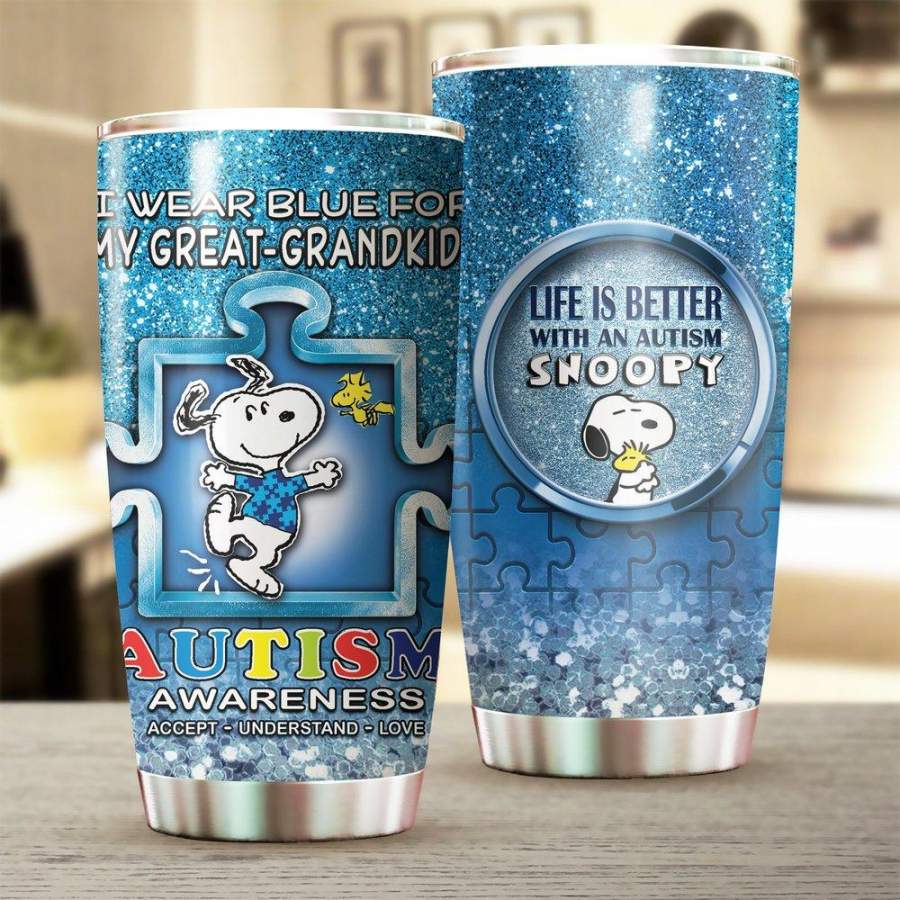 Snoopy I Wear Blue For My Great Grandkids Stainless Steel Tumbler 20 Oz Gift For Autism Awareness