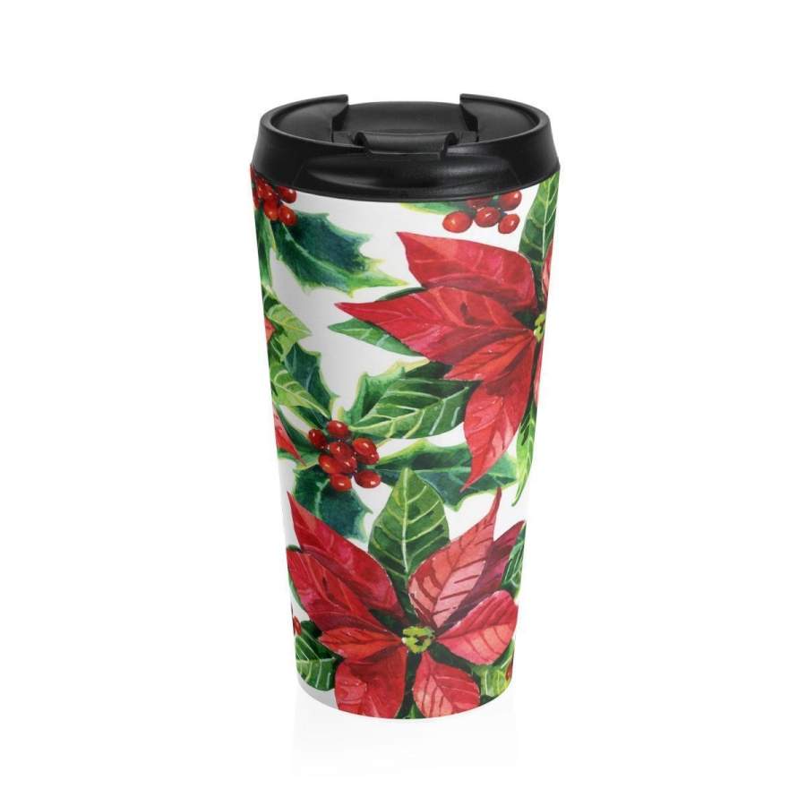 Stainless Steel Travel Mug, Christmas Poinsetta Holiday Travel Mug, All Over Print Steel Mug, 15 Ounce Tumbler, 15oz Coffee Tea Drink