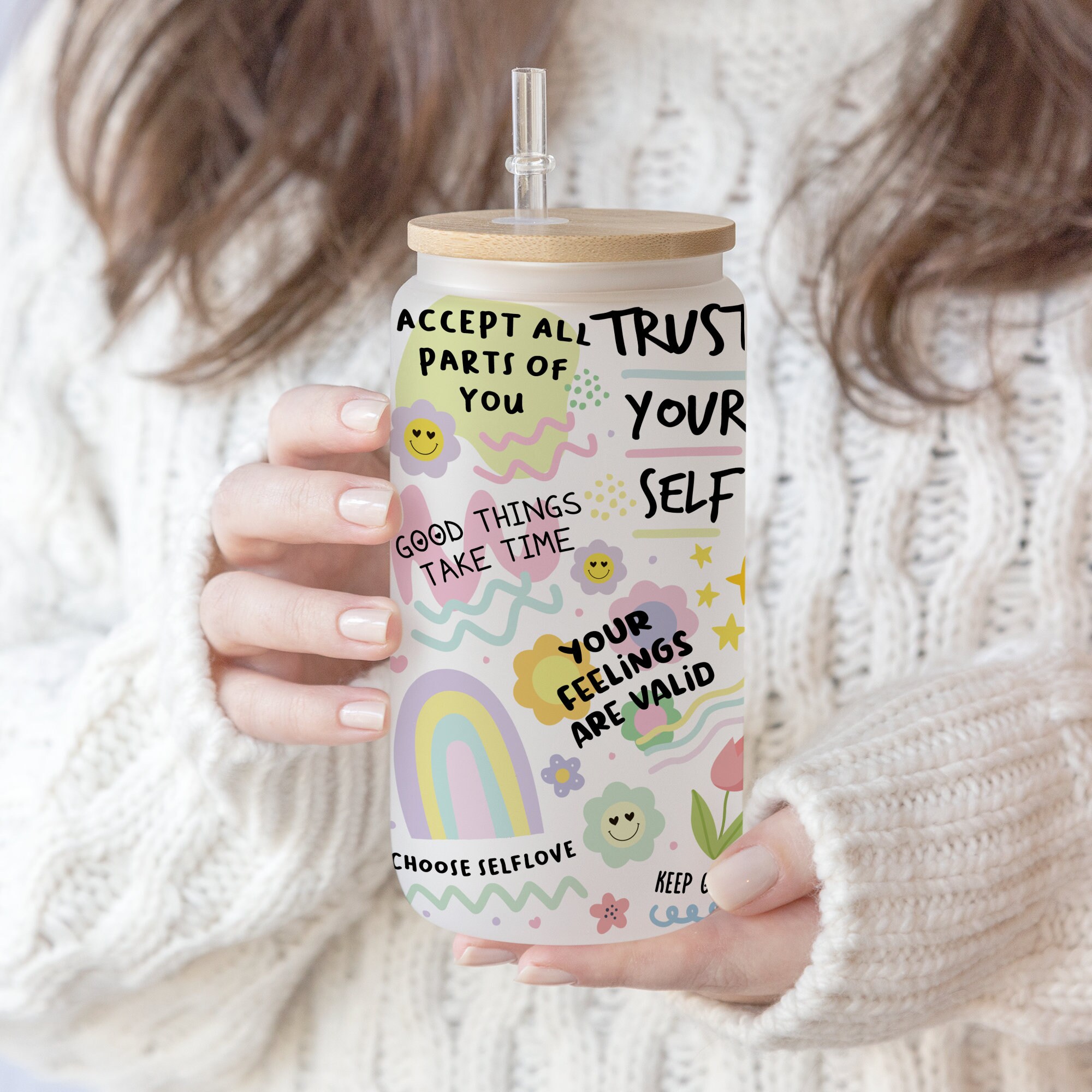 16 oz Libbey Glass Can Tumbler Sublimation Design Cute Daily Affirmations Tumbler Wrap Inspirational , Self Lover, Positive wording