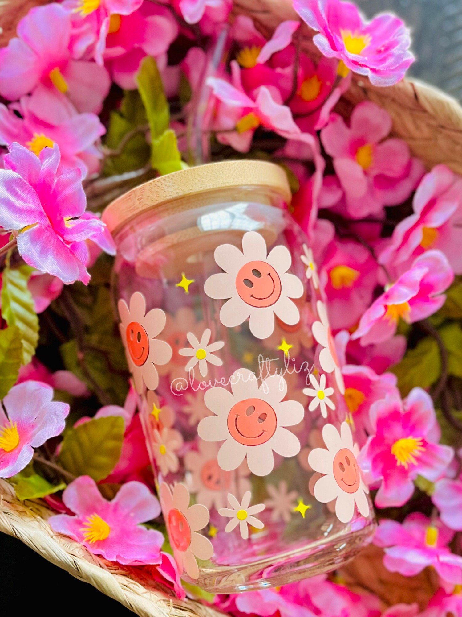 Happy Floral Daisies 16oz Beer Can Glass | Spring Cup | Iced Coffee | Smoothie | Gift | Mom| Smile | Flower| Summer | Blush Coral Boho Retro