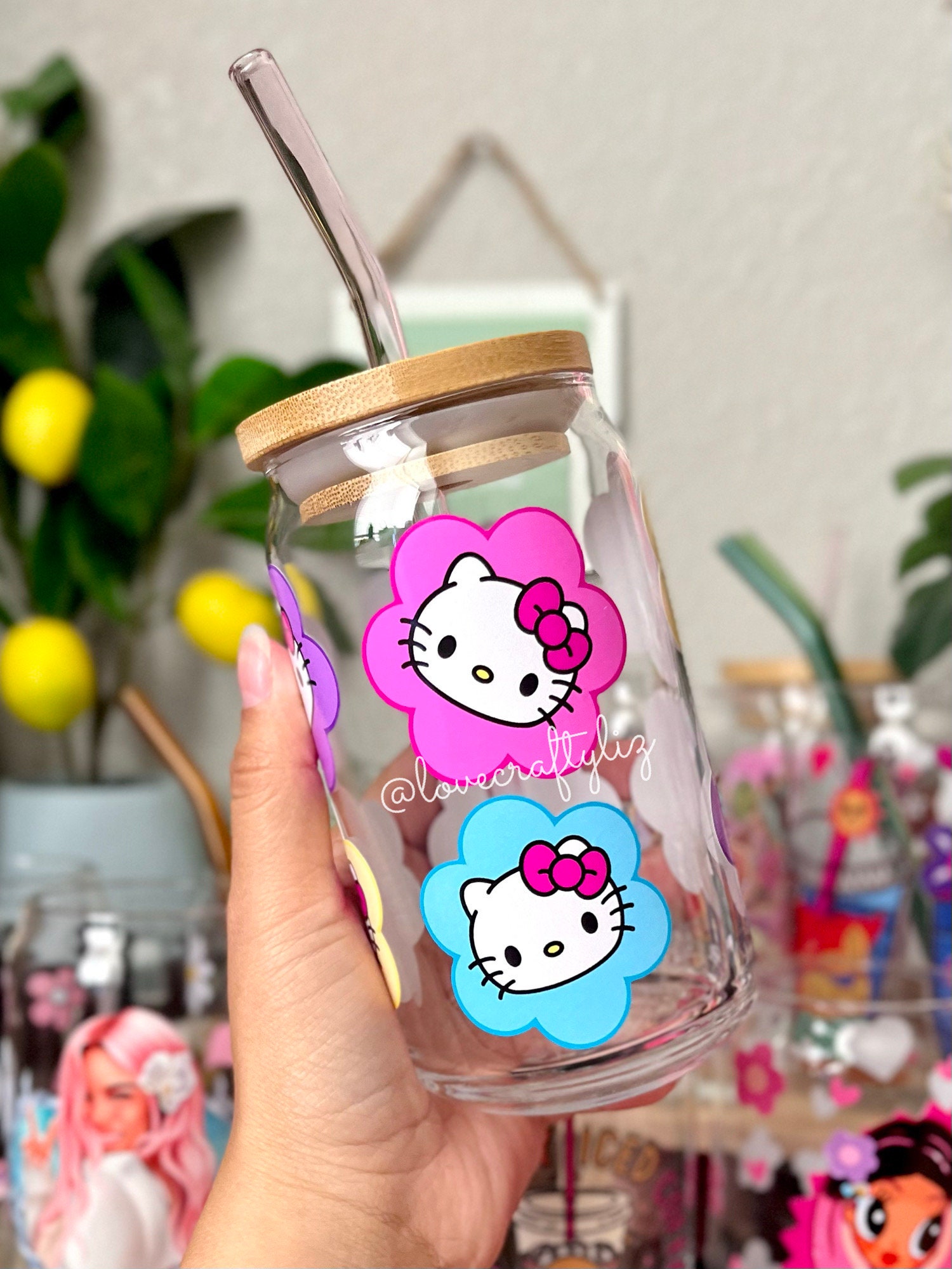 Kitty 16 oz Beer Can Glass | Spring Cup | Self Love | Iced Coffee | Smoothie | Boho | Gift | Mom | Flowers | Kawaii Cat | Floral