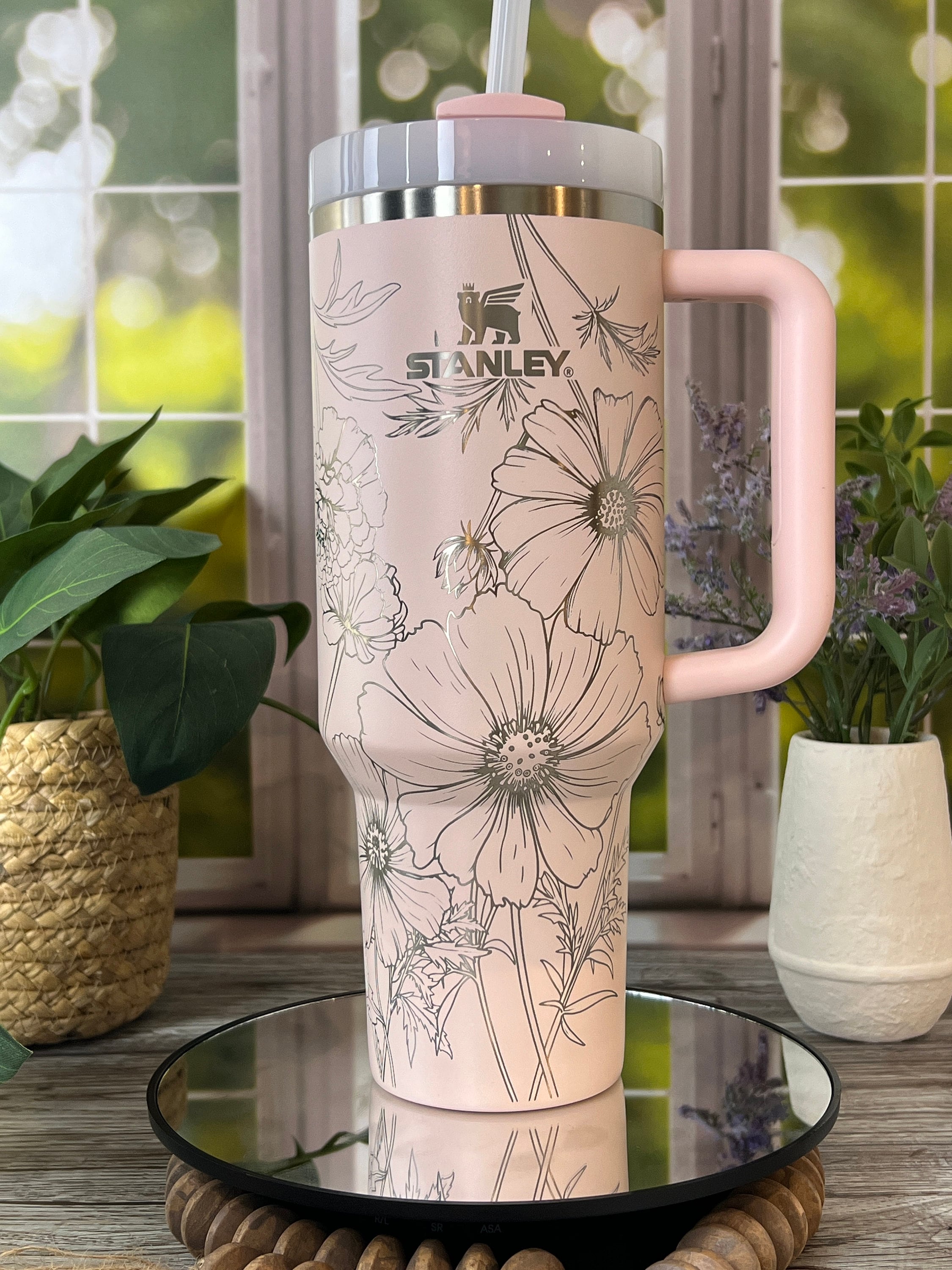 Cosmos & Marigolds Laser Engraved 40oz Tumbler with Handle Lid and Straw, Custom Engraved Seamless Tumbler, Double Wall Insulated Cup