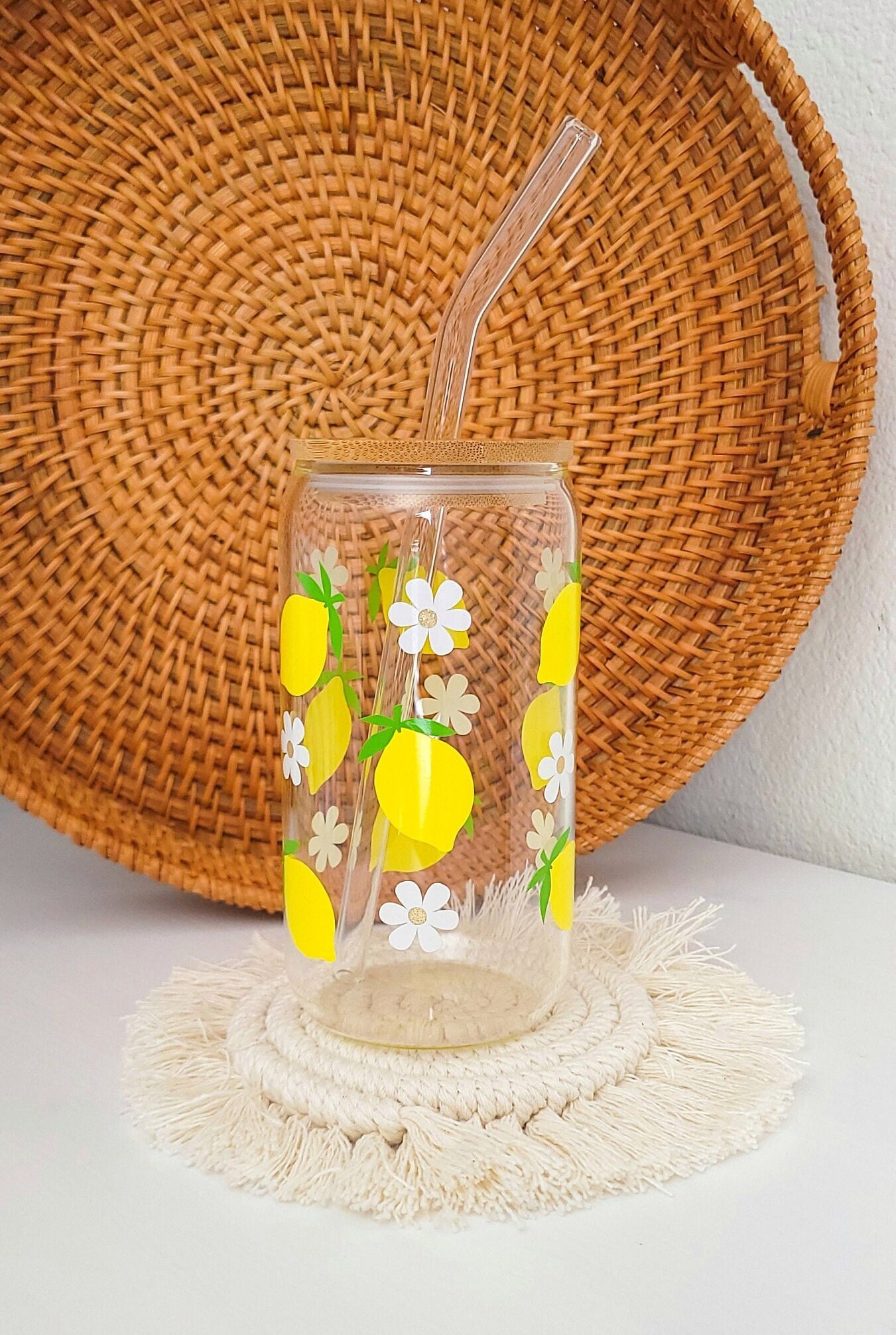 Summer Fruit Iced Coffee Cup, Lemon Glass Cup, Summer Aesthetic Glass Tumbler, Margarita Glass, Lemonade Cup, Citrus Juice Cup, Daisy Glass