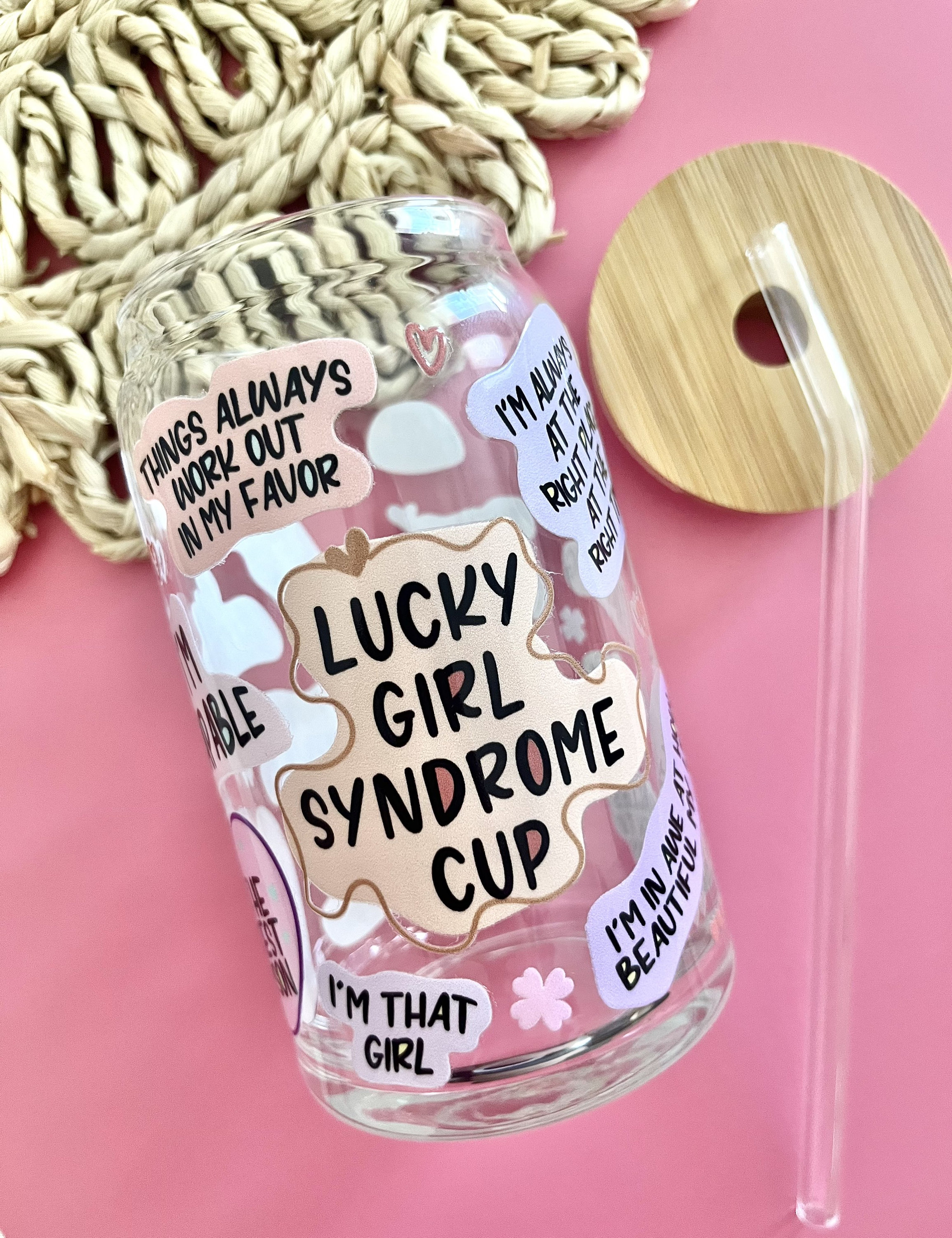 Lucky Girl Syndrome Glass Cup / Affirmations Cup / Flowers Glass Cup / Gifts for Her / Cute Glass Cup / Iced Coffee Cup