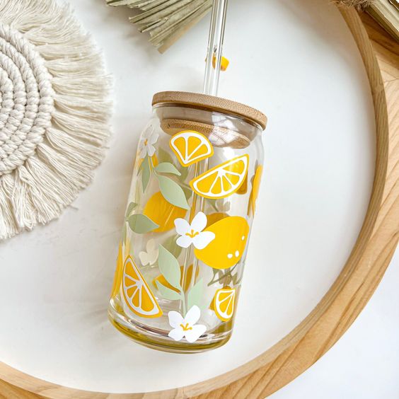 Floral Lemon Glass Can Cup