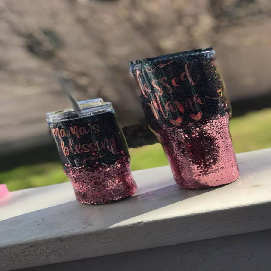 Blessed mama/mama’s blessing cup set, Personalized Glitter Tumbler, Monogram Tumbler, Glitter Cup, Glitter Tumbler, Glitter Stainless steel