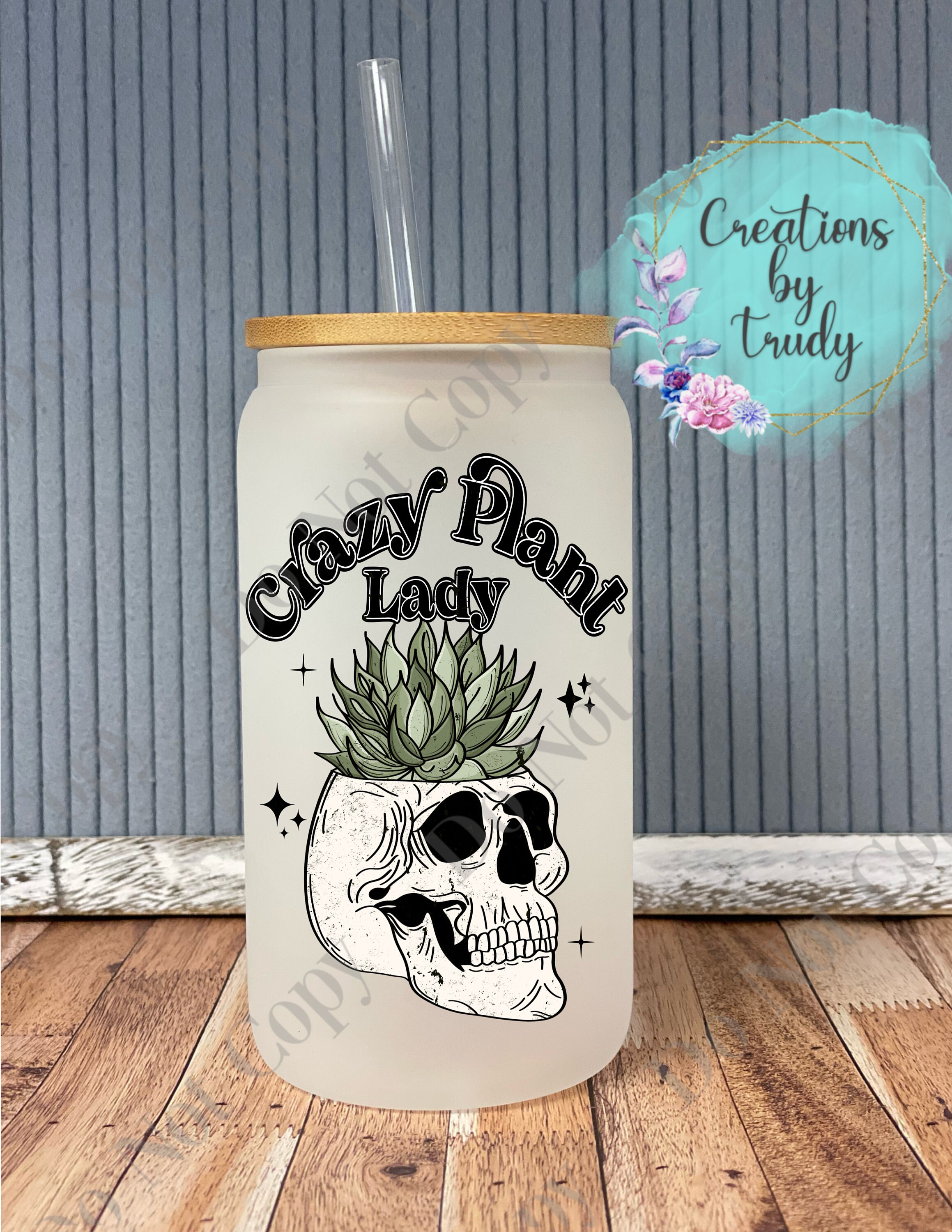 Crazy plant lady skull pot – frosted can shaped glass with lid and straw